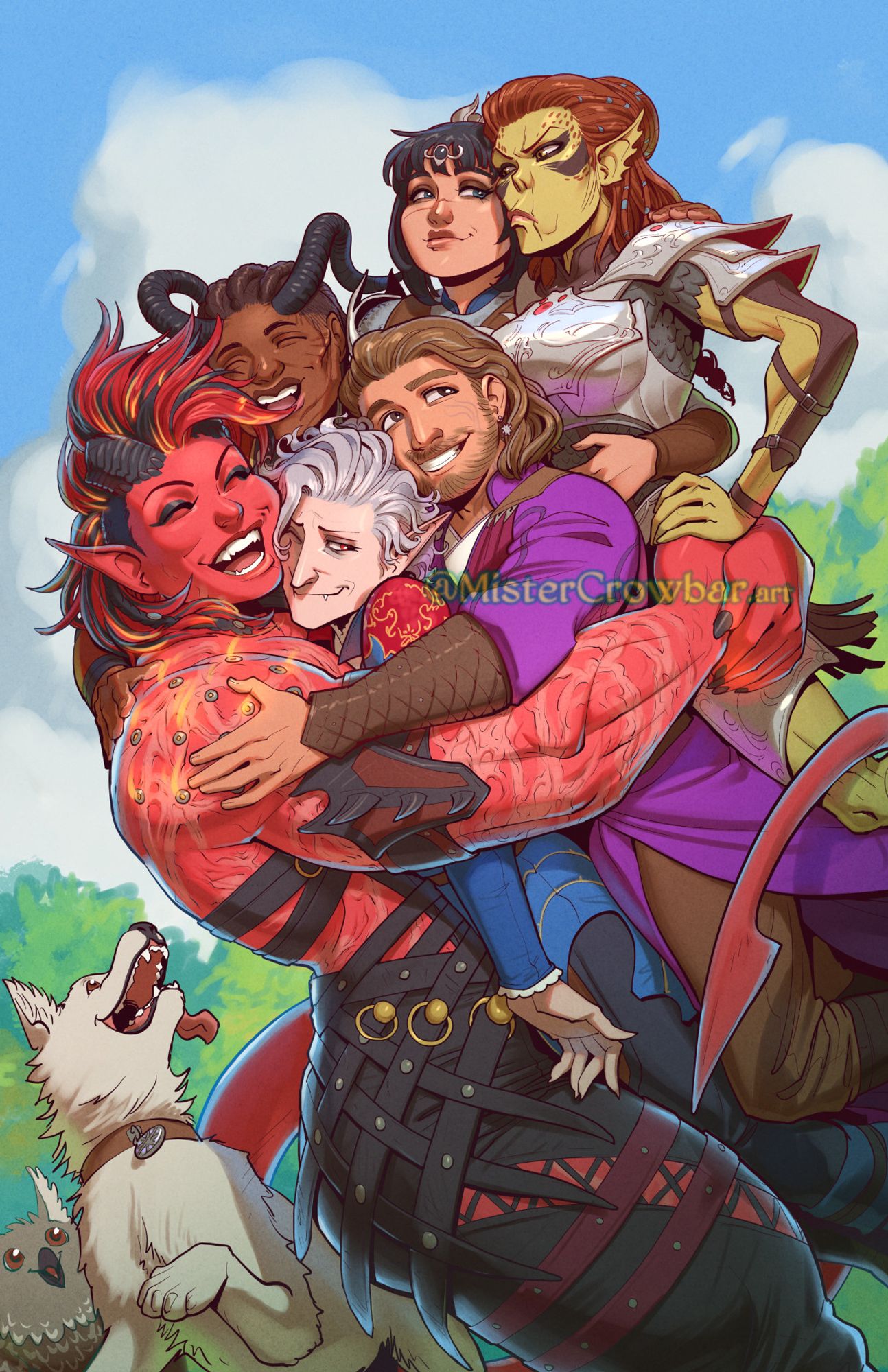 Illustration of the cast of Baldur's Gate 3. Karlach, under the effects of the Enlarge spell, has lifted the others up into a giant hug. Scratch the dog jumps around playfully.