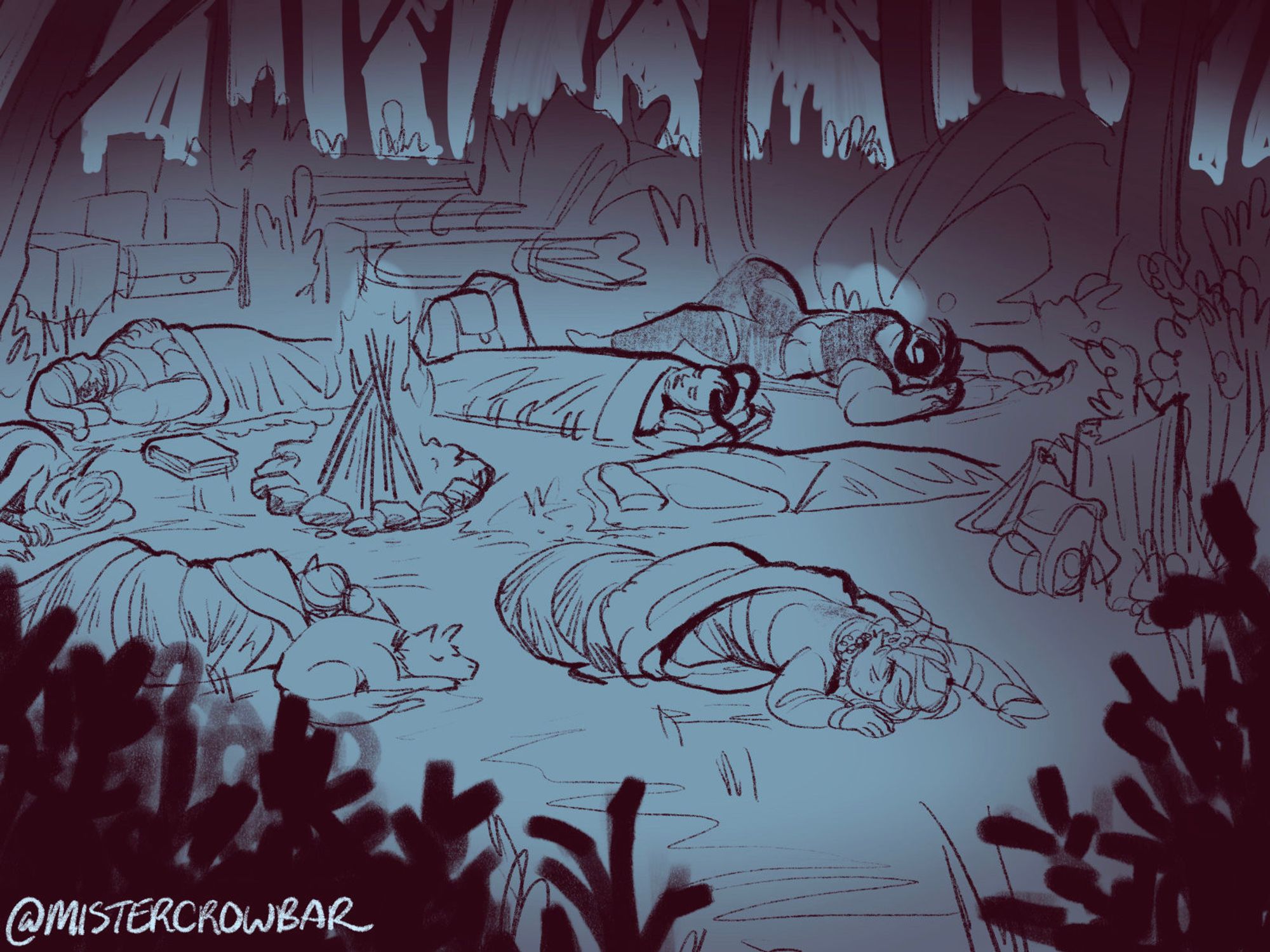 The companions sleep in their bedrolls around a campfire, but Aldiirn has rolled away and is halfway out and flopped face down on the cool ground.