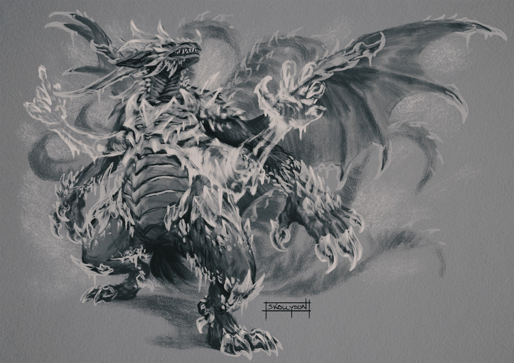 A charcoal style fullbody drawing of an icy behemoth with wings flared wide.