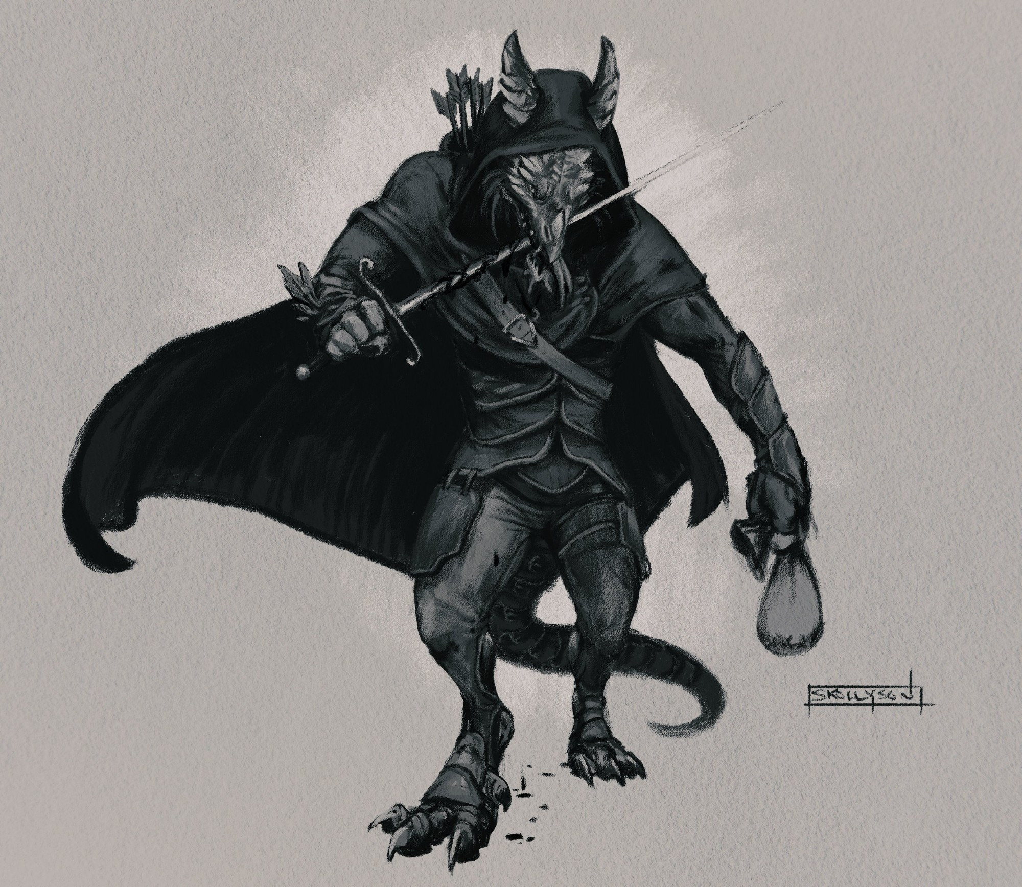 A charcoal style fullbody drawing of a cloaked dragonborn rogue lacing his sword with poison from his mouth.