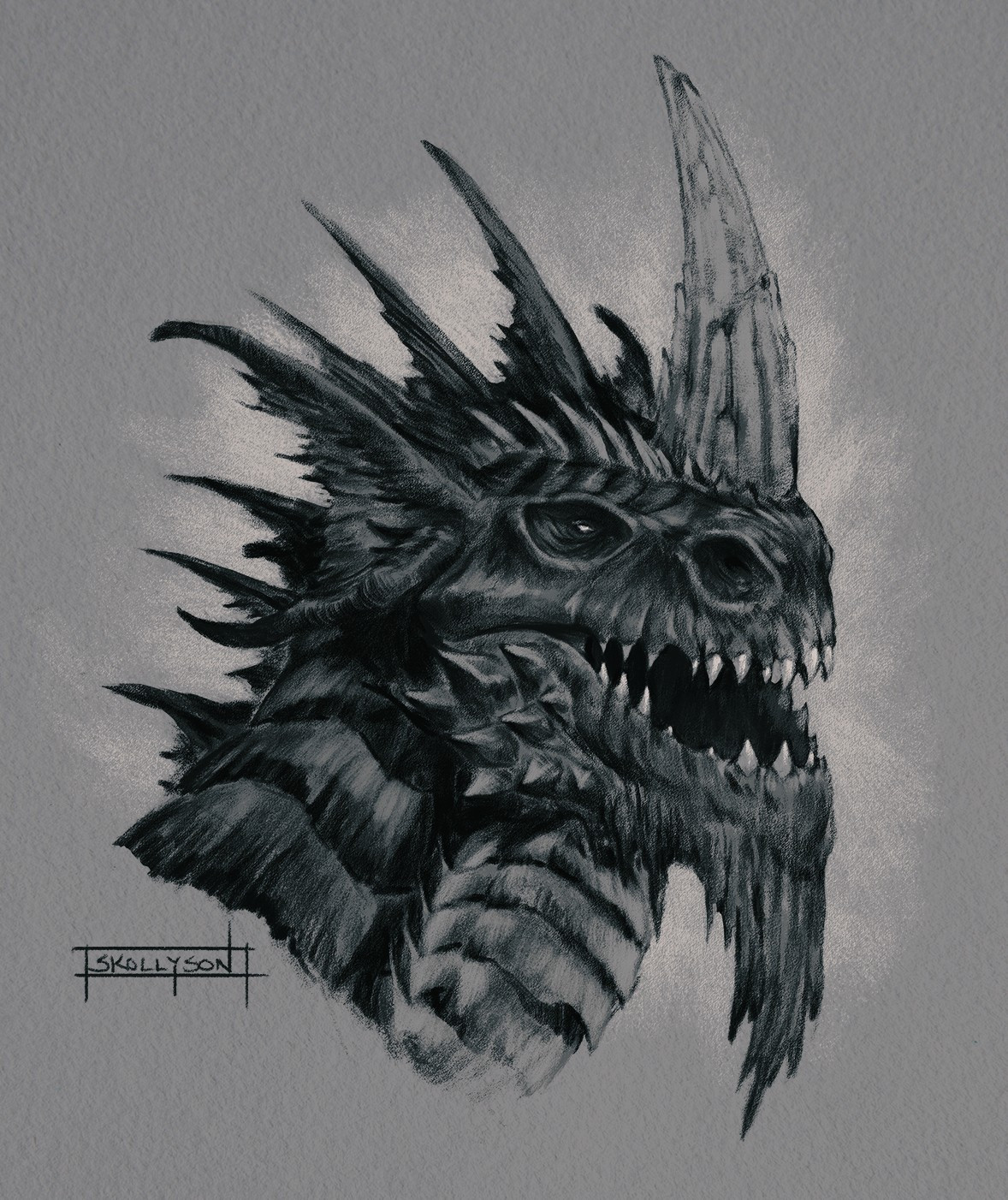 Charcoal-style headshot of a blue dragon, mouth open.