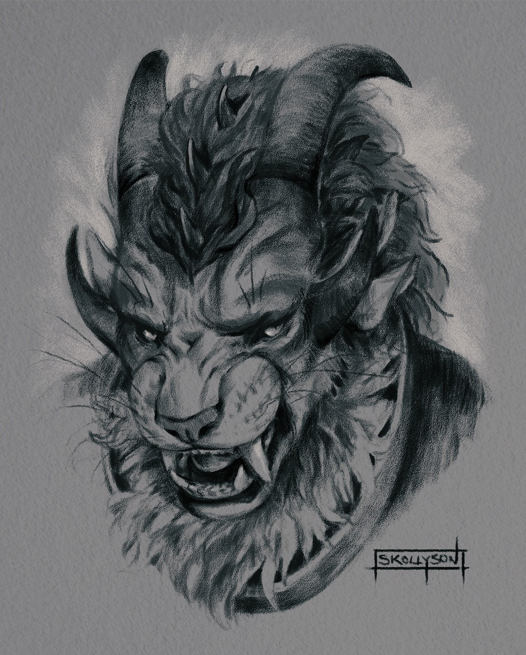 Charcoal-style headshot of a charr, hissing.