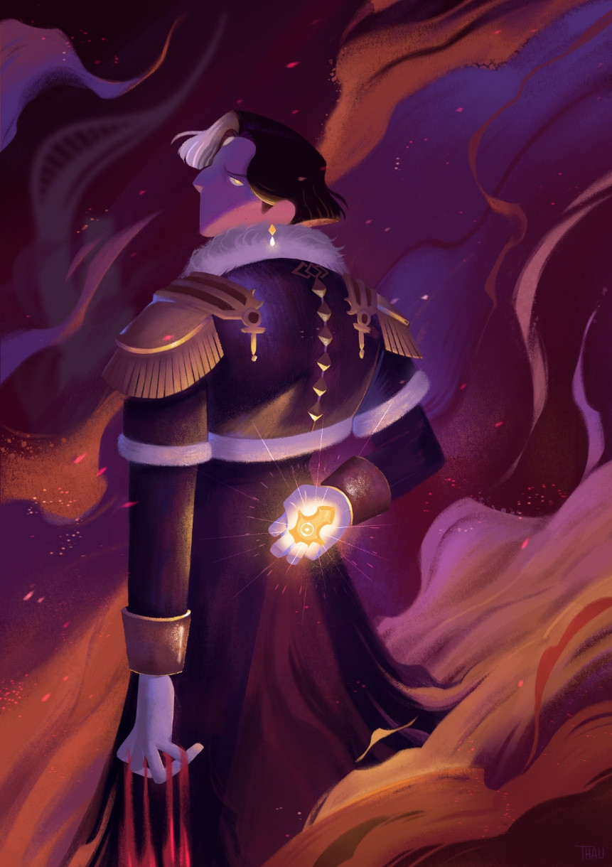 Fanart of Emet-Selch, with his back to the viewer, looking at you over his shoulder. He stands in the burning city of Amaurot, with the Azem crystal clutched in his right hand.