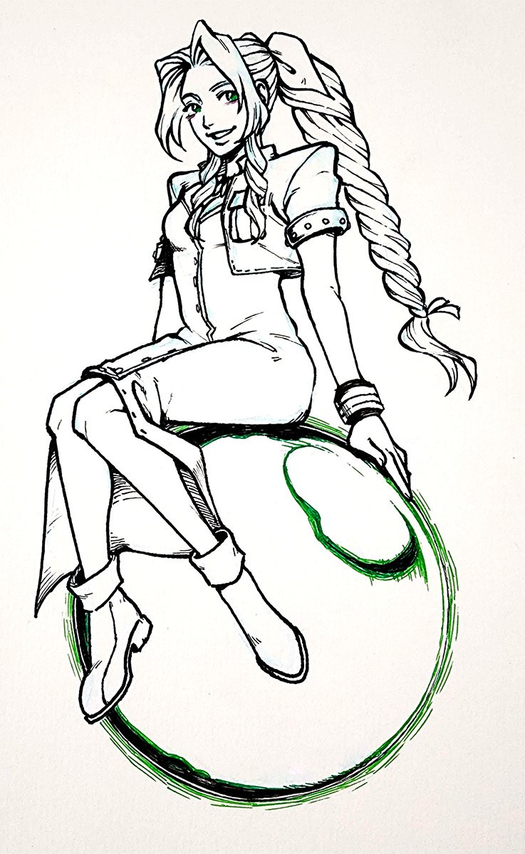 traditional ink doodle of Aerith from FF7 sitting on a giant, green-glowing Materia