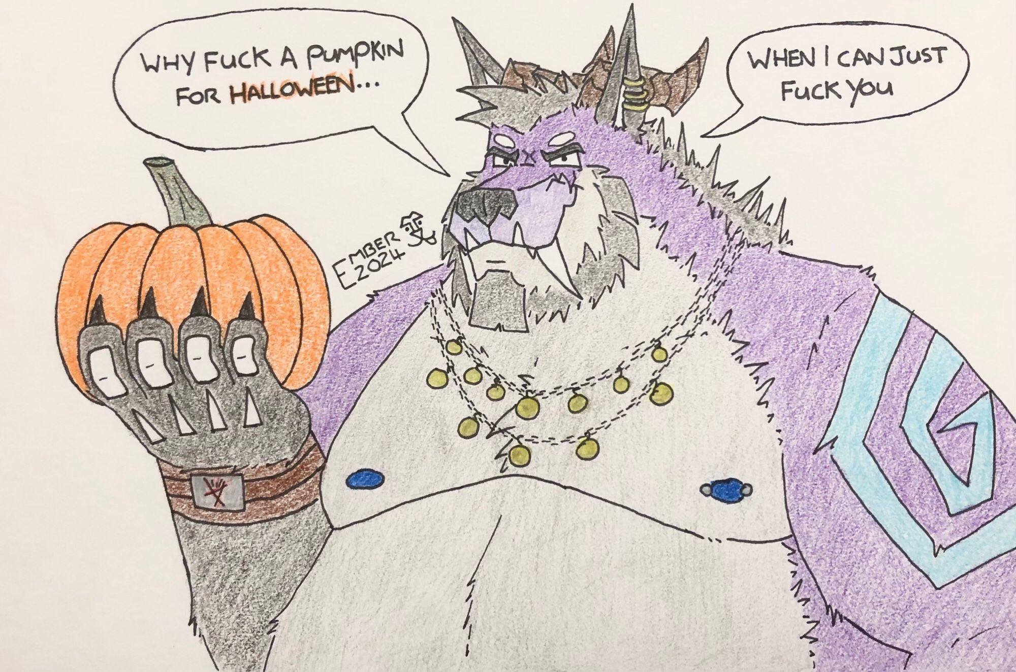 A large chubby purple wolf demon with brown horns, grey belly and a blue spiral marking on his left arm. He is holding up an orange pumpkin whilst saying “why fuck a pumpkin for Halloween…when I can just fuck you”