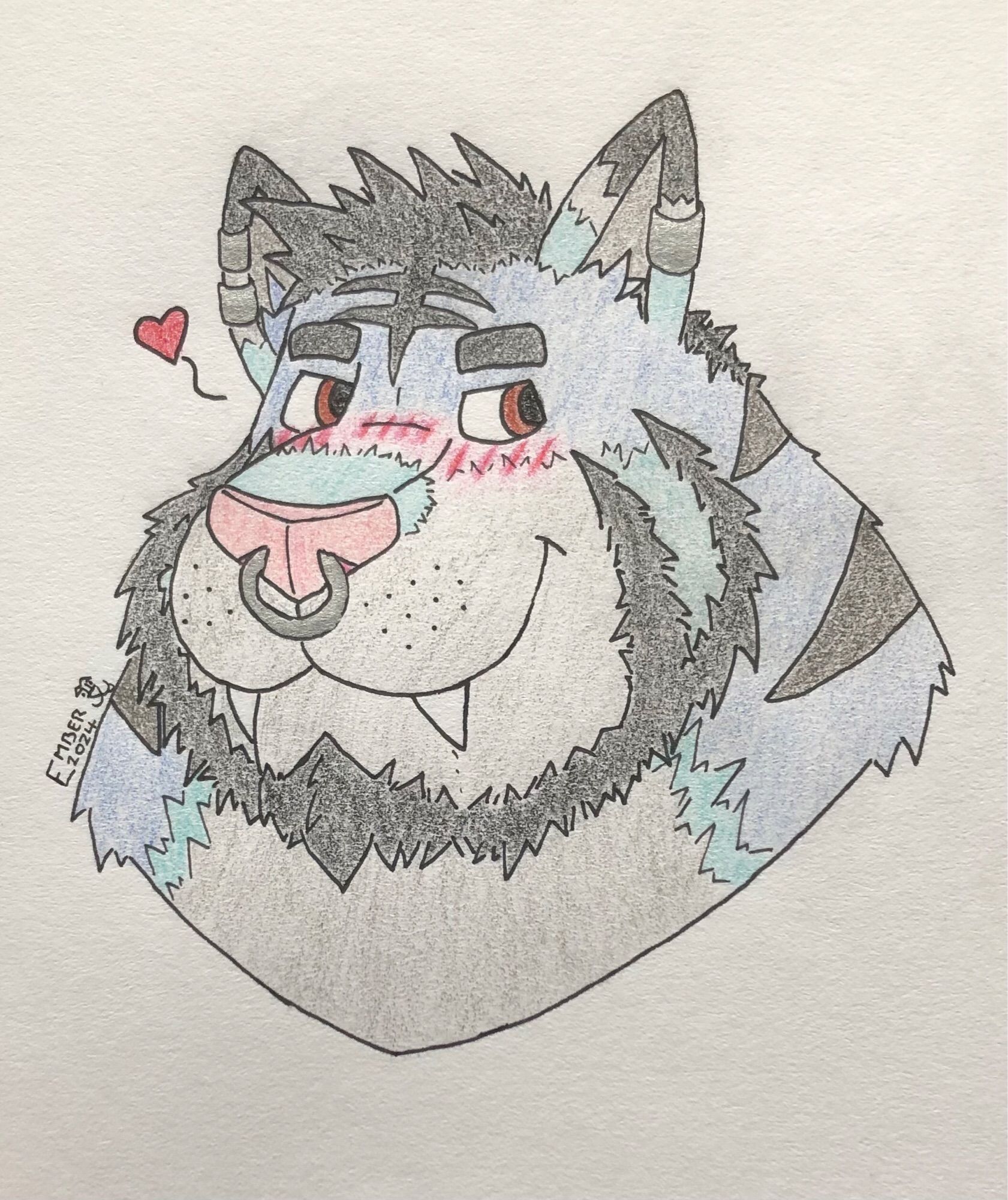 A tiger-wolf hybrid with brown eyes, a mix of blue, grey and black colours. They have a beard along with a nose ring and multiple ear piercings