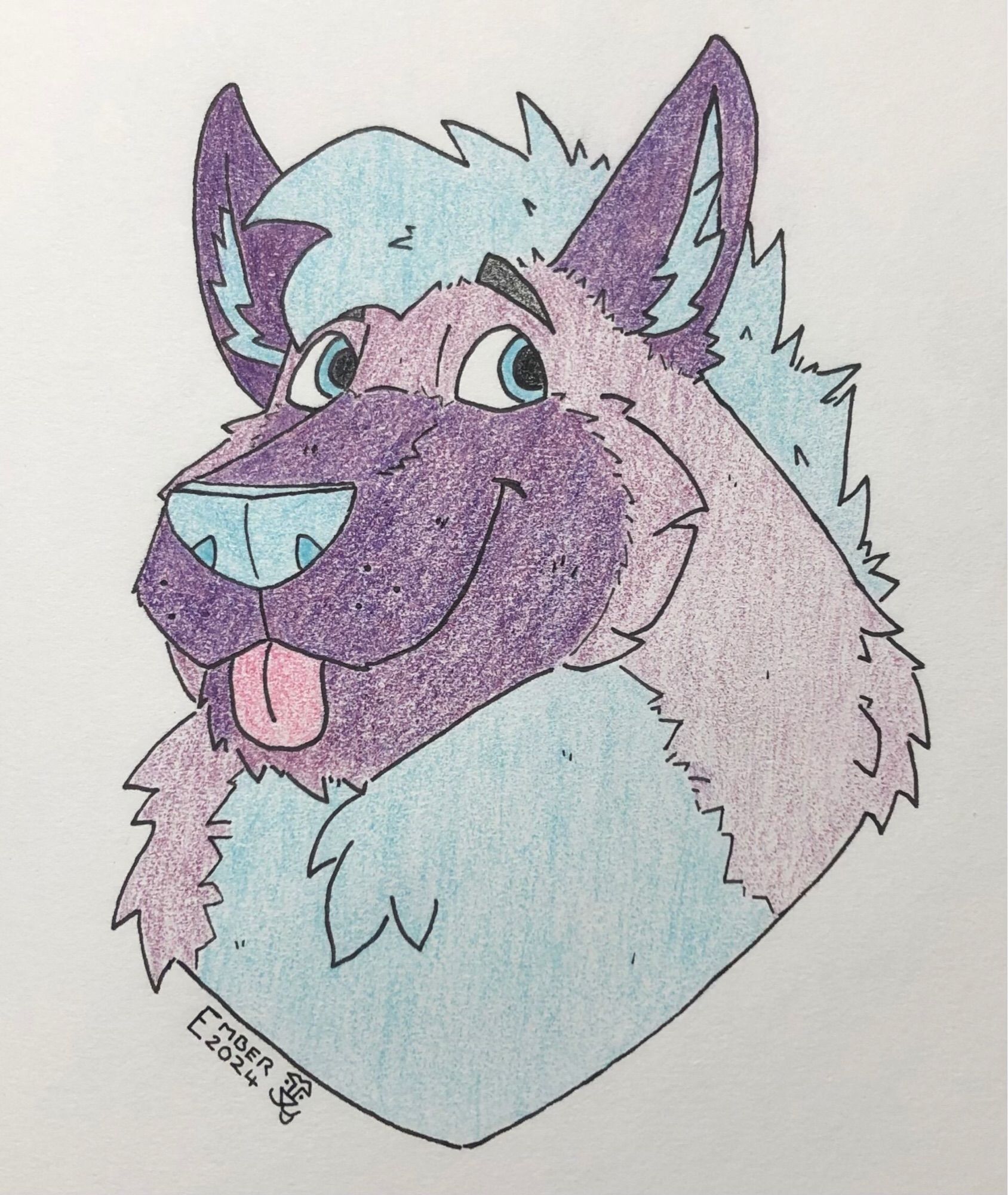 A German Shepard sona, they are purple in colour with darker purple muzzle and ears and blue hair, chest and inside their ears. They are doing a smile with their tongue sticking out