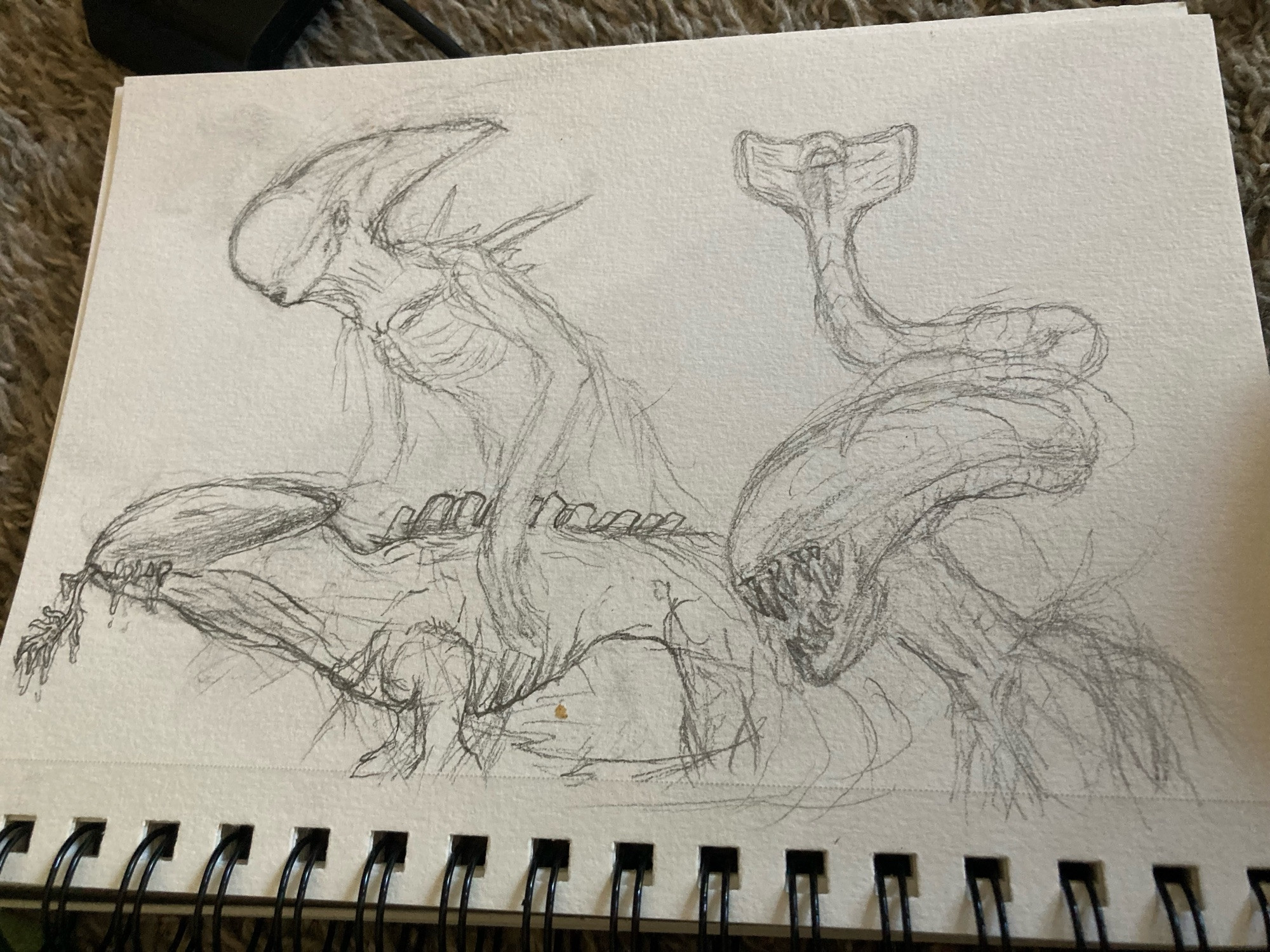 Four sketches inspired by the alien series including the hammerpede from Prometheus 