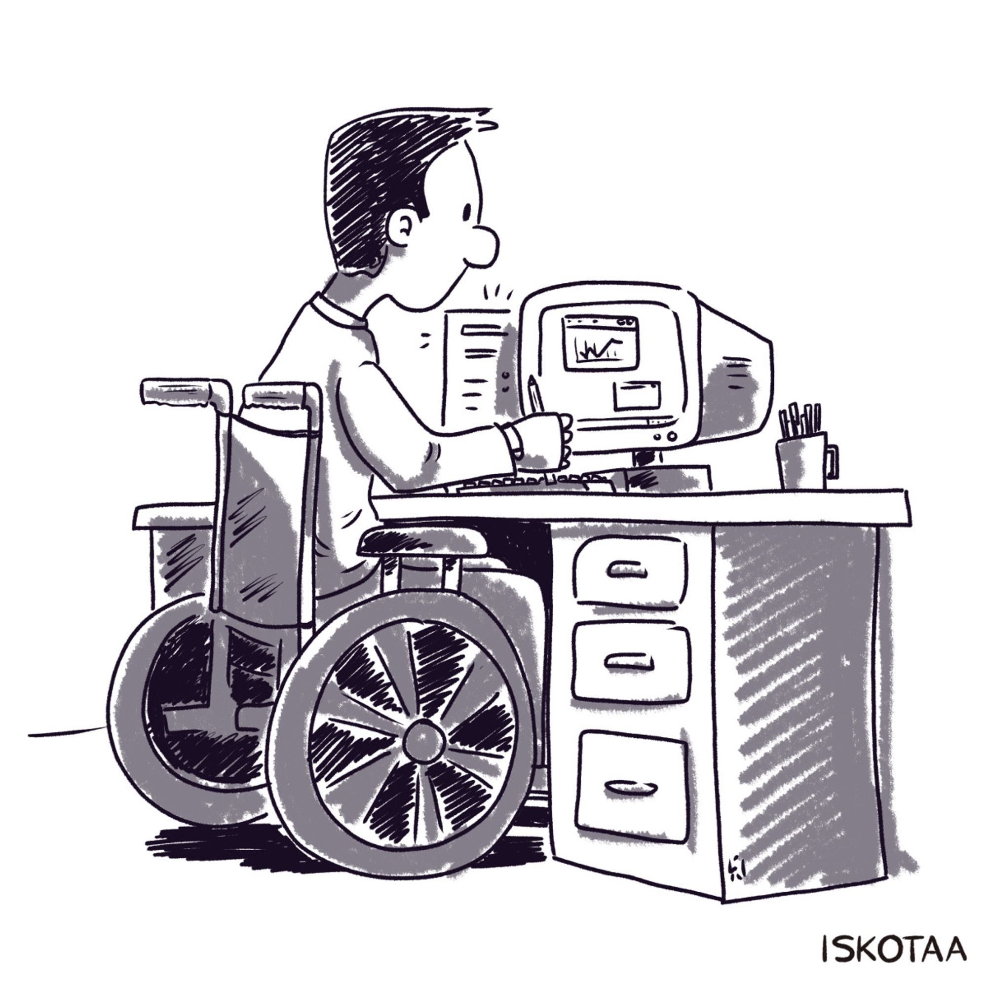 An illustration of my dad sitting at his desk on the computer. He is in a wheelchair and using a universal cuff to type.