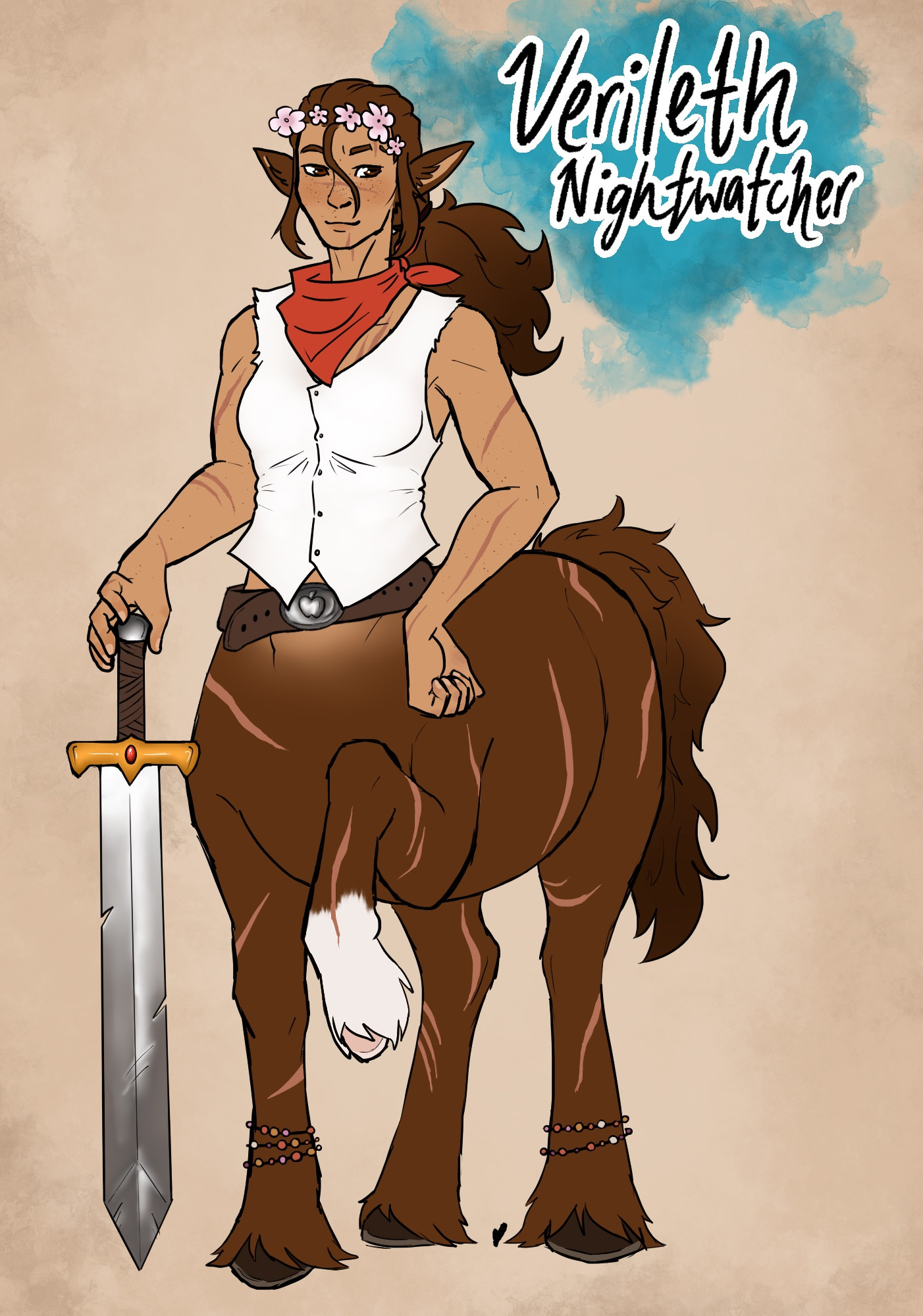 digital art of a centaur woman. her skin is tanned and freckled, and her horse half has a chestnut brown coat with a single white hoof. she's wearing a simple white blouse, a belt with a buckle that has an apple symbol engraved on it, bead anklets on her horse legs with the colors of the lesbian flag, a red bandana, and a crown of flowers instead of a cowboy hat. she weilds an old, chipped sword in her left hand. her hair is still pulled into a ponytail, but one long loose strand hangs in her face. she's looking off to the right with a more serene expression, giving a soft smile. 