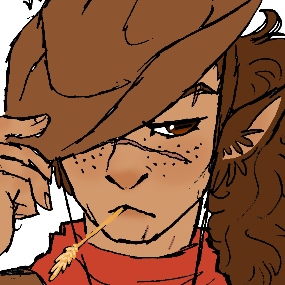 digital art of a centaur woman from the shoulders up. she has tanned, freckled, scarred skin, brown eyes, and brown hair. her ears are long and fluffy like a horse's, and her hair is pulled into a thick ponytail. she wears a red bandana, leather shirt, and a cowboy hat, which she's tipping to cover her left eye. she's looking off to the right with a serious expression, a rye stalk resting between her lips. 