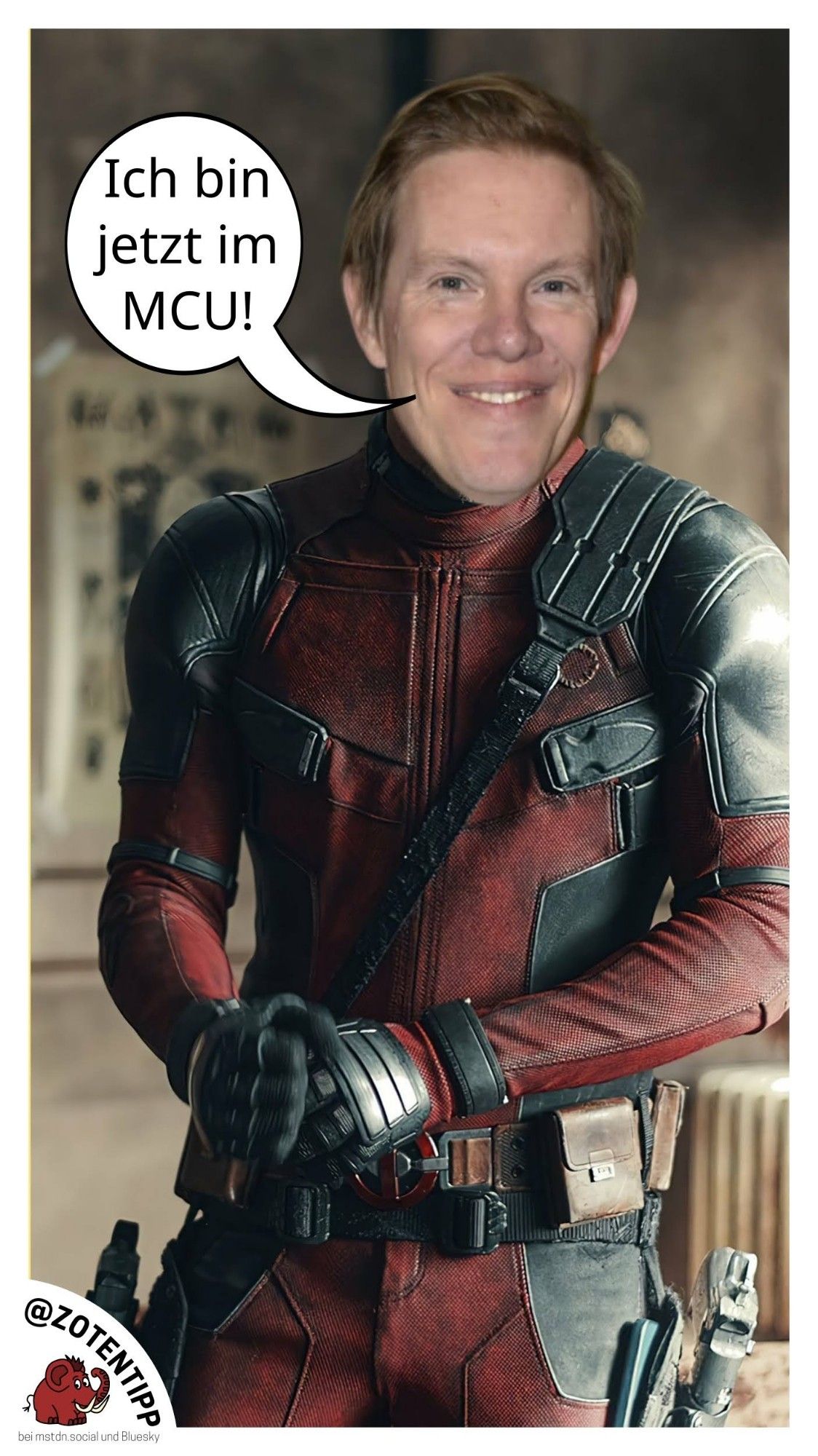 Der Kopf von Simon Gosejohann auf dem Körper von Deadpool mit der Sprechblase "Ich bin jetzt im MCU!"