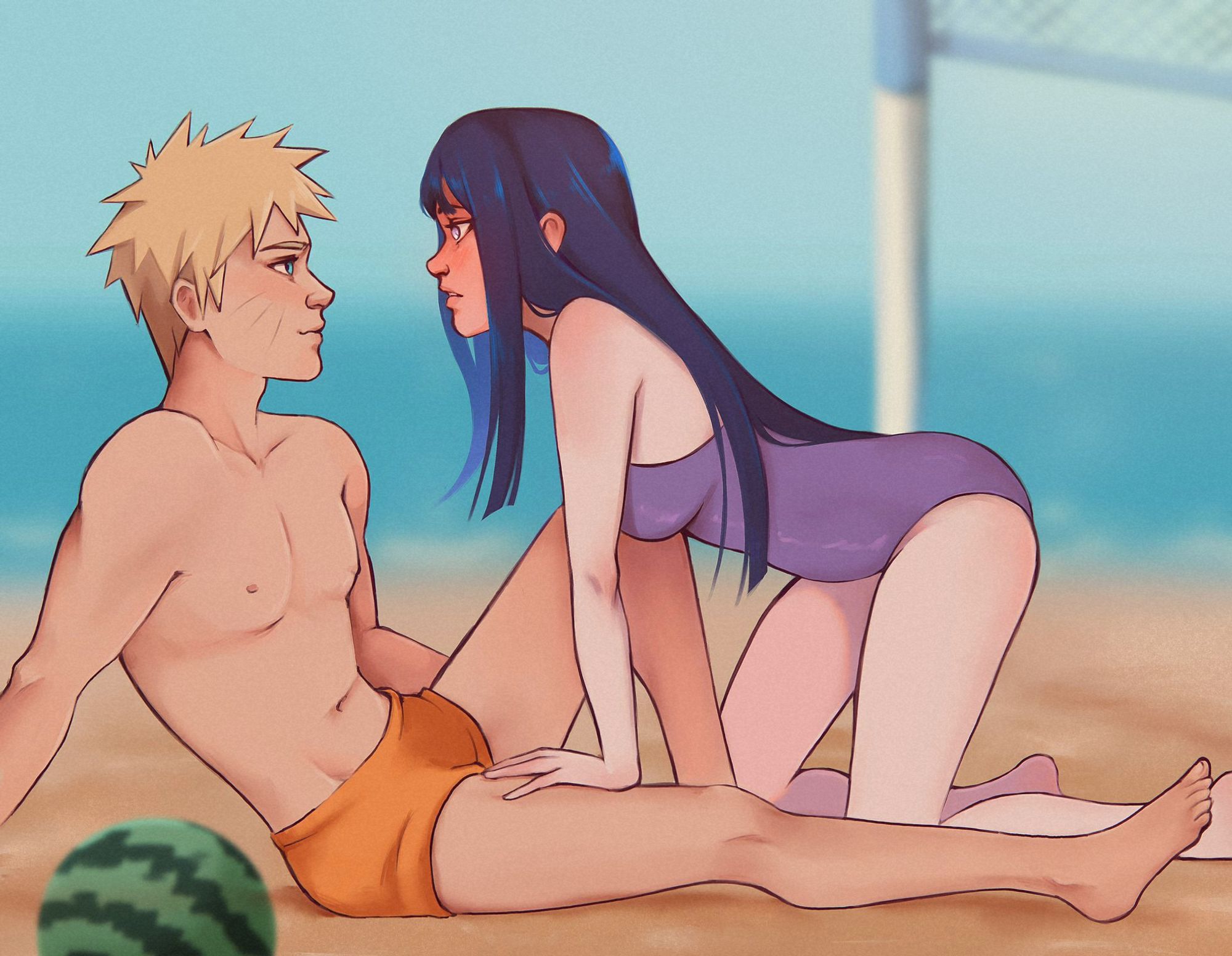 Naruto y Hinata, del manga y anime Naruto, estaban jugando al volley en la playa pero se han caído al suelo, Hinata está apoyada sobre Naruto como un tomate pero a Naruto no parece importarle. Jeje.