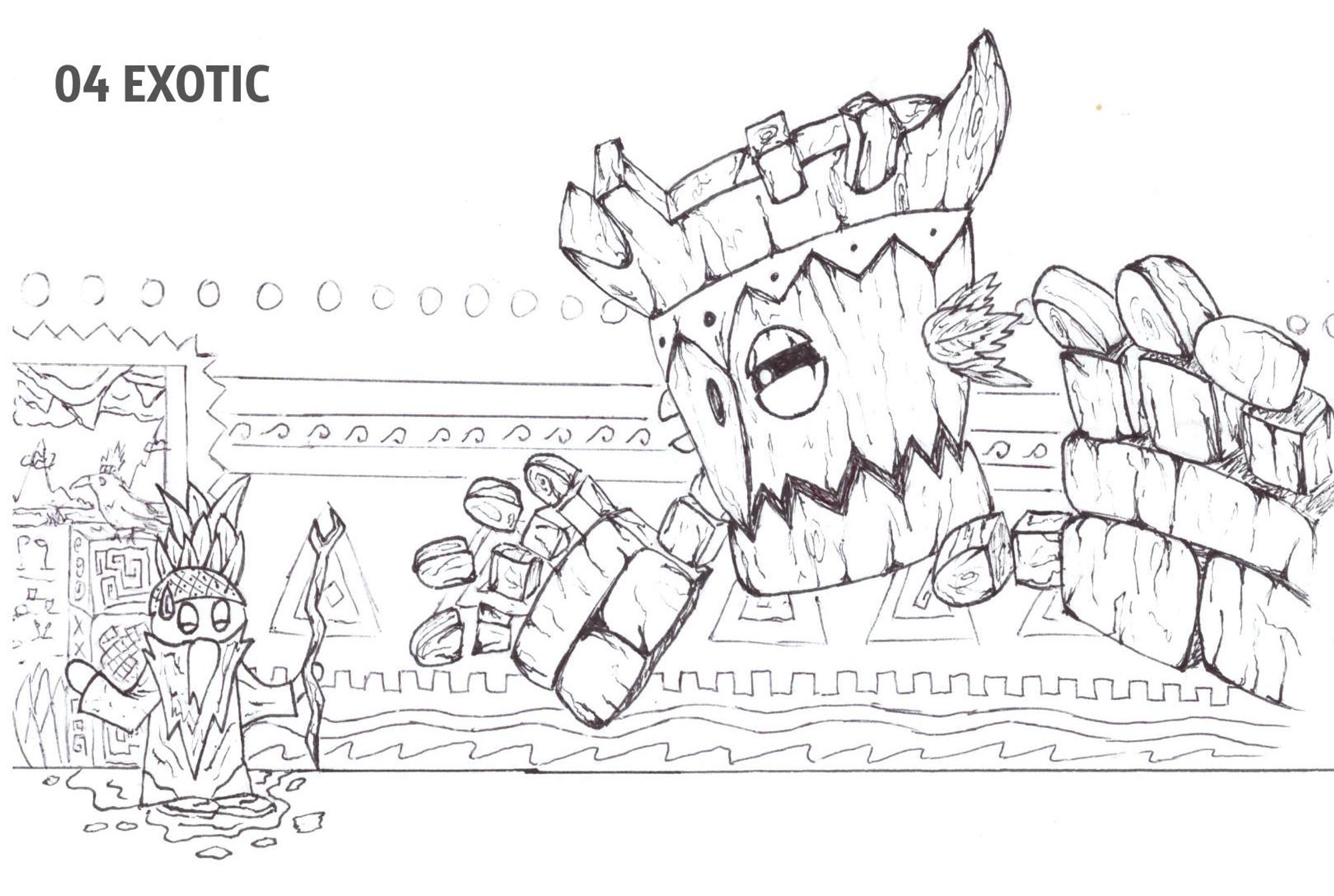 Black-and-white illustration, hand-drawn with ink as part of the INKTOBER 2024 challenge. The drawing features an old man, wearing a pineapple hat, standing nervously at the entrance of a temple. Inside, Tiki Tong, the final boss from Donkey Kong Country Returns, looms menacingly with giant wooden hands and a floating Tiki head, both hovering in the air. The background behind the open entrance shows the detailed swamp from the third day. A raven, also wearing a pineapple hat, perches on an ornate pillar just outside the temple entrance.