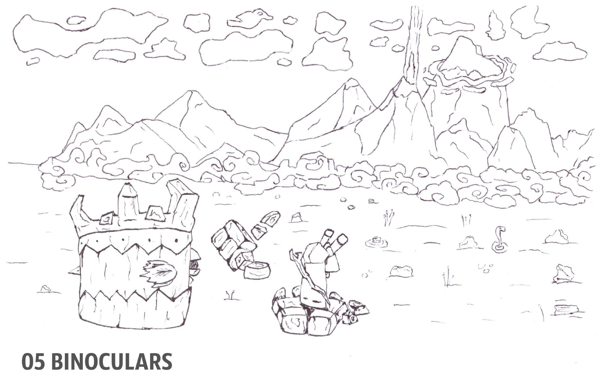 Black-and-white illustration, hand-drawn with ink as part of the INKTOBER 2024 challenge. The drawing features Tiki Tong, the final boss from Donkey Kong Country Returns, floating over the swamp with his giant wooden head and hands hovering in the air. On one of Tiki Tong's hands stands an old man, holding binoculars and looking into the distant mountains. A distinct beam of light rises straight into the sky from one of the mountains, inspired by Satori Mountain from Zelda: Breath of the Wild. The mountain is said to contain a secret at its peak, but neither Tiki Tong nor the other inhabitants can reach it due to the cold.