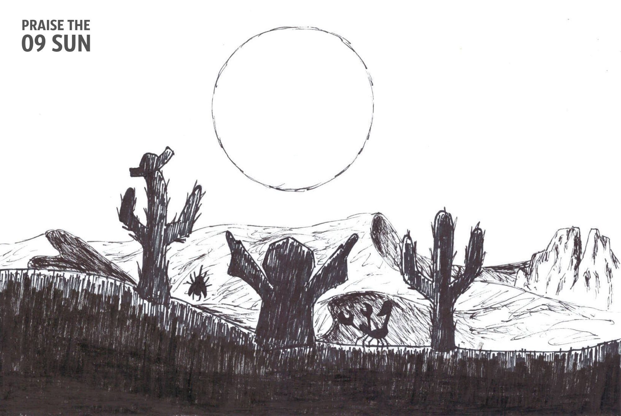 Black-and-white illustration, hand-drawn with ink as part of the INKTOBER 2024 challenge. The drawing features the old man, Griffinbart, alongside two cacti, a scorpion, and a rhinoceros beetle, all standing in the foreground as silhouettes. Each of them has their "arms" raised in the iconic "Praise the Sun" pose from Dark Souls. Above them, the sun dominates the sky, shining brightly. In the background, sand dunes stretch across the landscape, and a monolith stands tall.