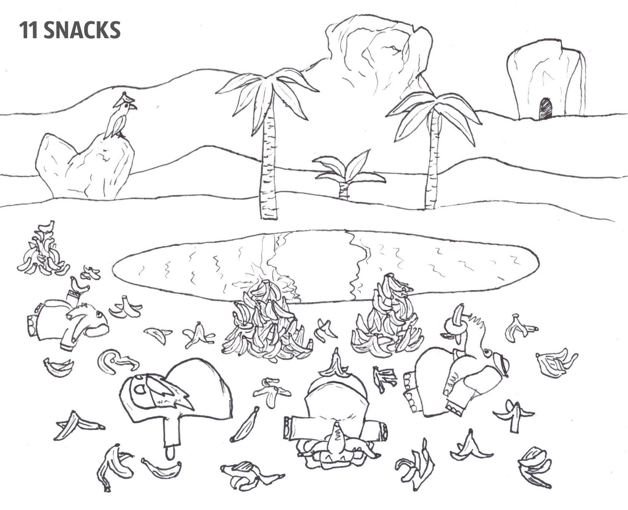 Black-and-white ink drawing showing the old man Griffinbart lying on the ground in an oasis with the Phants, a nomadic species of upright-walking, three-trunked elephants inspired by Cthulhu. They have all indulged in an excessive amount of snacks—bananas—and are depicted with swollen bellies, looking exhausted. The ground is littered with banana peels and whole bananas, and three large piles of bananas rise up in the foreground. In the background, there's a small pond, palm trees, distant hills, and a raven perched on a rock, humorously wearing a banana-shaped hat.