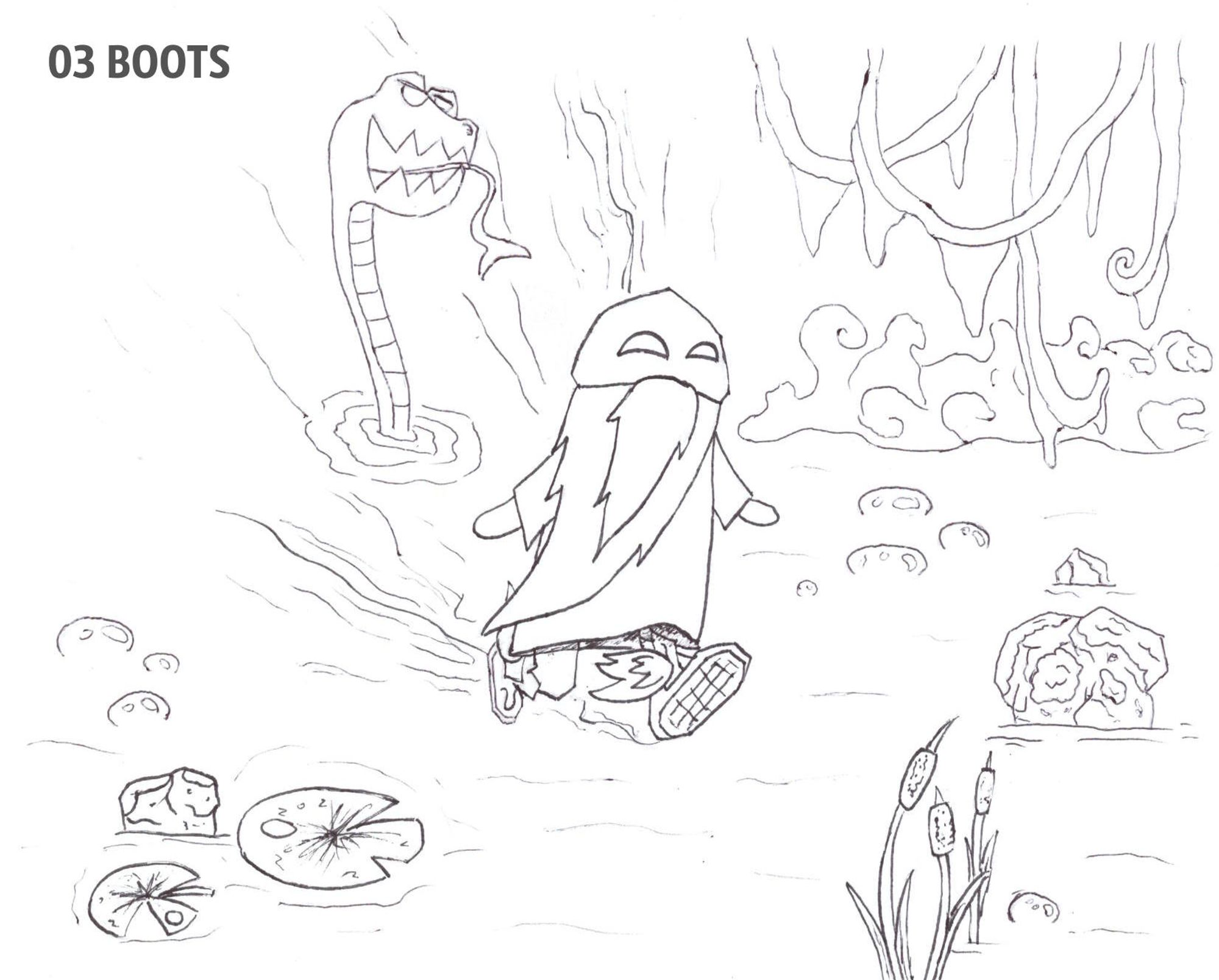 Black-and-white illustration, hand-drawn with ink as part of the INKTOBER 2024 challenge. The drawing features an old man, wearing the Pegasus Boots (reference to Minish Cap), who runs joyfully across the brackish water of a swamp. The scene is rich in details: vines, mist, lily pads, bubbles, stones, and moss fill both the foreground and background. In the distance, a large, dangerous snake emerges from the water, watching him as he runs.