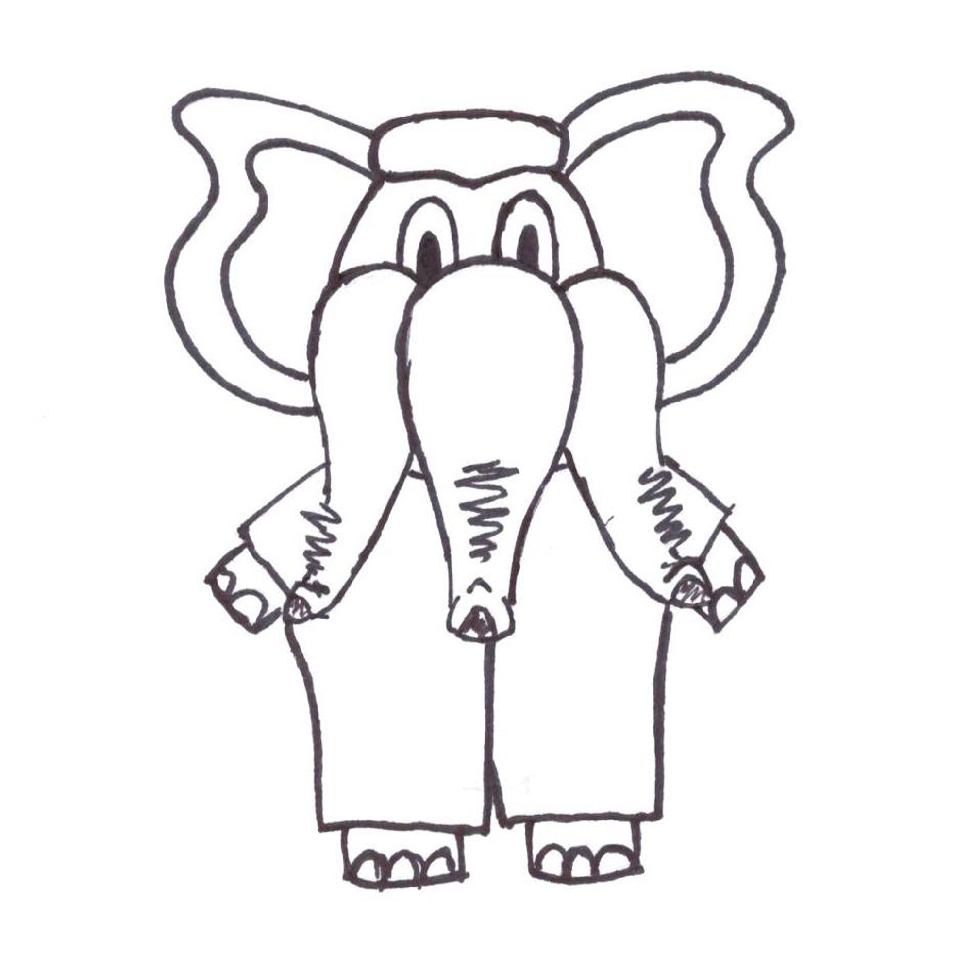 Black-and-white illustration, hand-drawn with ink, featuring a new species called 'Phant,' created during the INKTOBER 2024 challenge. The Phant is a cute, upright-walking elephant with three trunks, blending familiar elephant-like features with a unique twist. This drawing was made outside the official INKTOBER prompt list but was inspired by the creative process during the challenge."