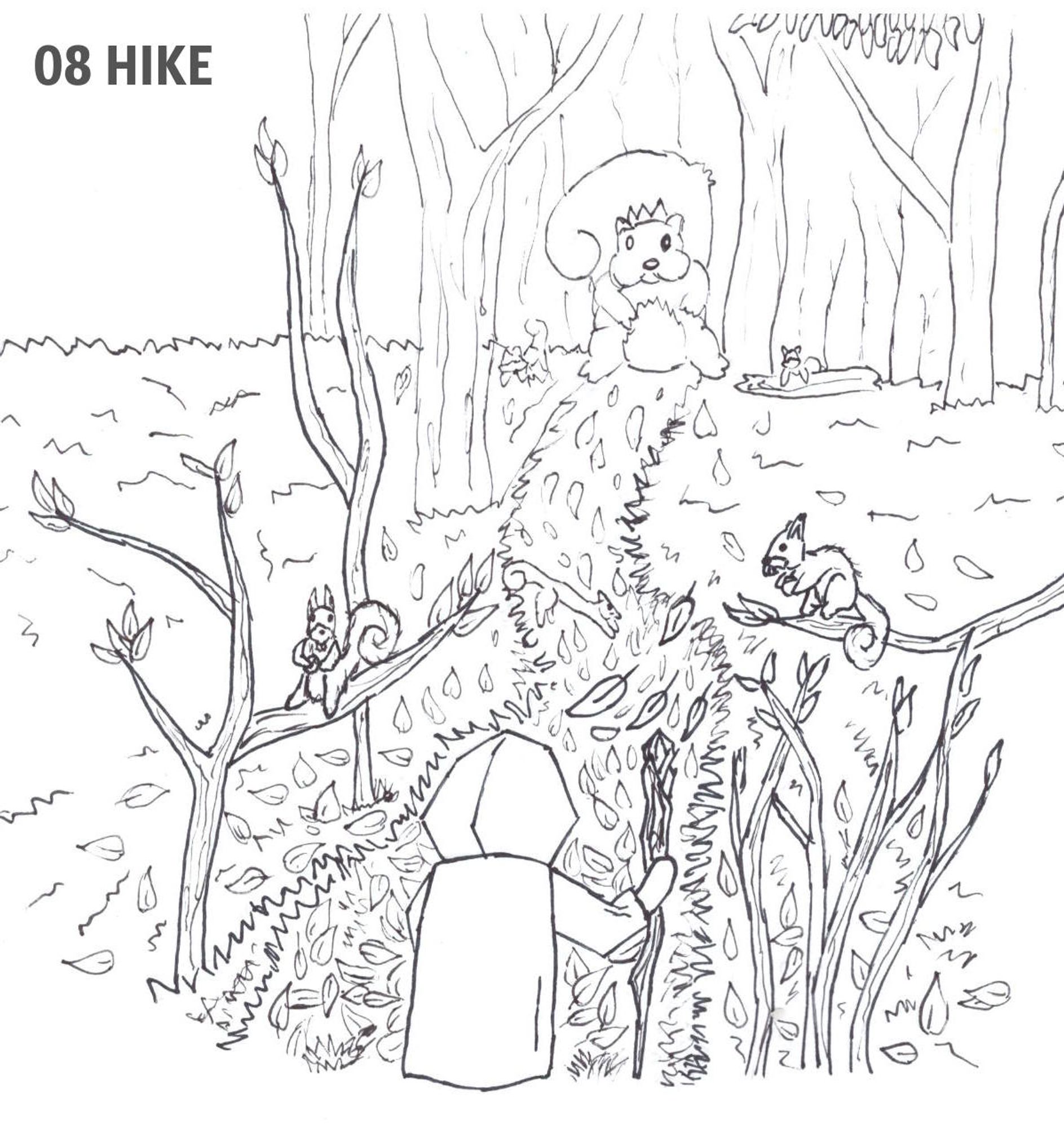 Black-and-white illustration, hand-drawn with ink as part of the INKTOBER 2024 challenge. The drawing features the old man, Griffinbart, standing in the foreground, holding his wand and gazing toward the distant end of a path winding through an autumnal forest. Scattered throughout the forest are several squirrels. At the far end of the path stands a massive, oversized squirrel wearing a crown—the so-called "Eichhorn." Surrounding the scene are trees and fallen leaves, completing the autumnal atmosphere.