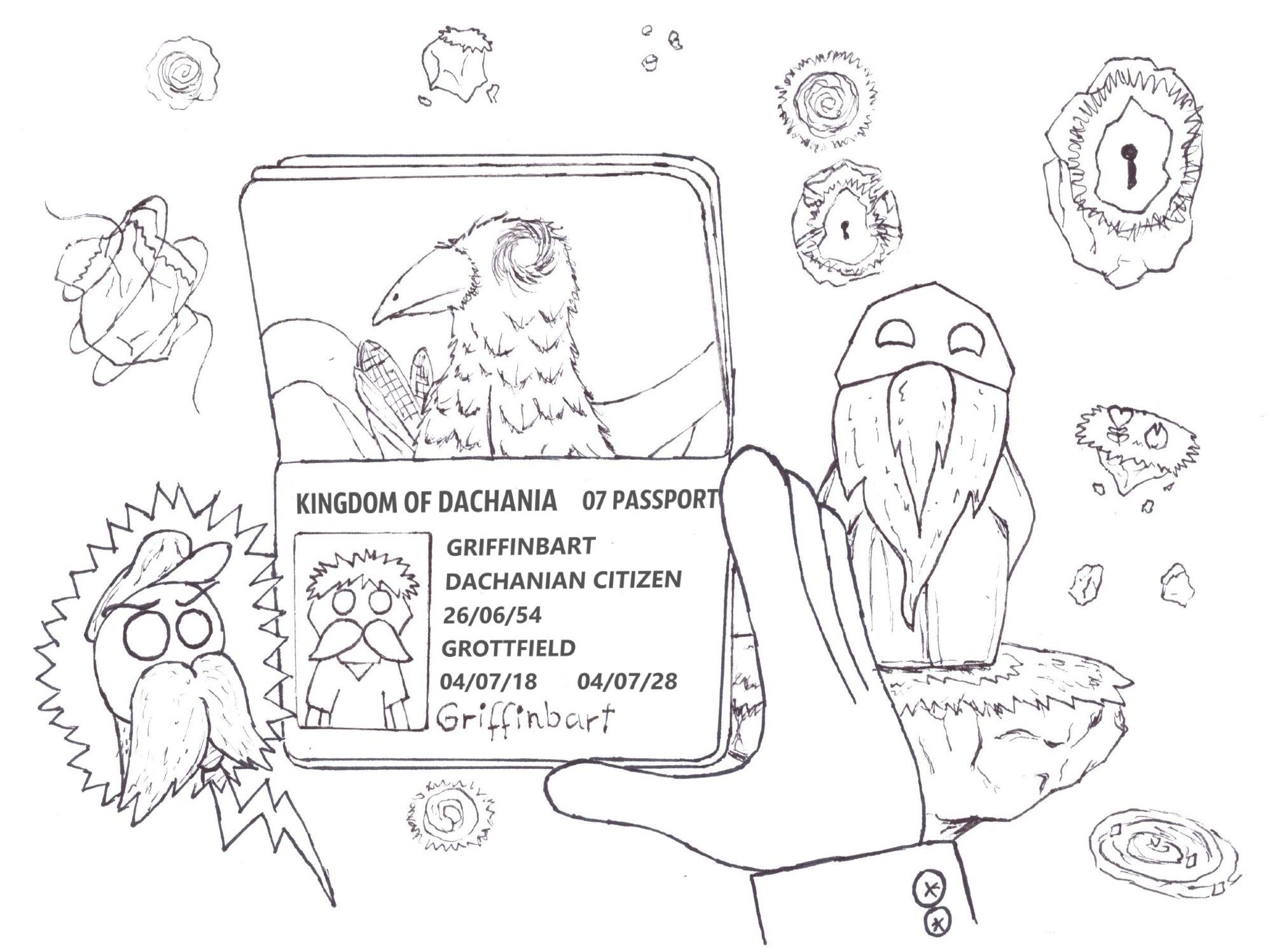 Black-and-white illustration, hand-drawn with ink as part of the INKTOBER 2024 challenge. The drawing features Griffinbart, an old man, standing on a floating island among portals and rocks, like in Day 2. He is being checked by a passport control officer, who holds his passport and looks at him suspiciously. The passport reveals Griffinbart's name, origin (Grottfield, Dachania), birthdate (26/06/54), and shows it may have expired. The officer seems mistrustful, likely due to Griffinbart looking very different from his biometric photo. On the other page of the passport, the mysterious raven with a galaxy-like eye is visible. In the background, two corn cobs and Dachania's flag can be seen.