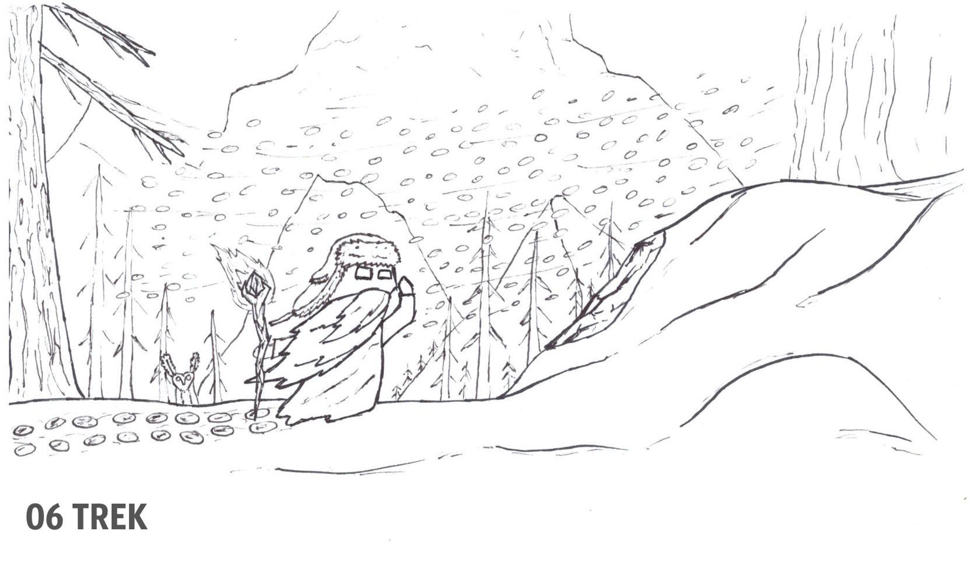 Black-and-white illustration, hand-drawn with ink as part of the INKTOBER 2024 challenge. The drawing features an old man hiking high on a glowing mountain during a fierce snowstorm. His beard, ushanka, and clothing are being blown by the strong wind, and he looks strained as he nears a bright light he has seen from a great distance. In one hand, he holds a wand with a gemstone at its tip, generating fire. The background shows withered trees, mountains, and a Blupee—magical, blue-glowing rabbits from Zelda: Breath of the Wild with owl-like faces and golden wreaths.