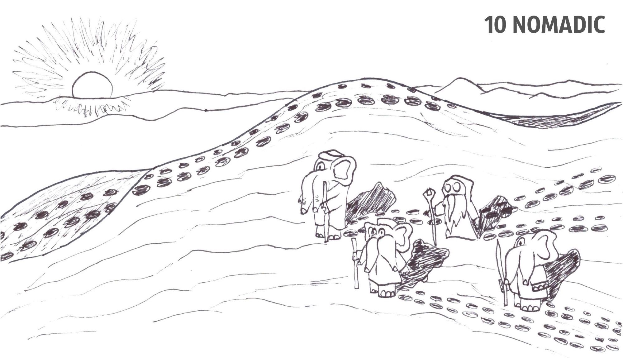 Black-and-white illustration, hand-drawn with ink as part of the INKTOBER 2024 challenge. The drawing shows a group of nomads, known as 'Phants,' traveling through a vast desert, with the old man Griffinbart joining them temporarily. The Phants are adorable, upright-walking elephants with three trunks, inspired by Cthulhu. In the foreground, there are many footprints in the sand, some of which don't seem to belong to the group. In the background, the sun is partially visible on the horizon.