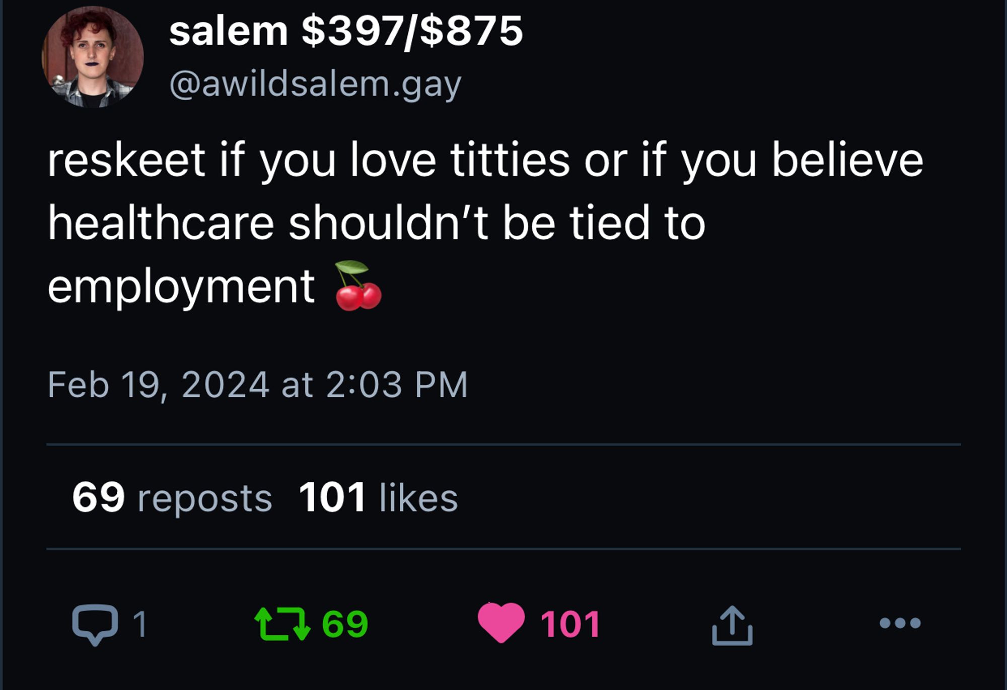 Screenshot showing that I was the 69th repost on Salem’s post