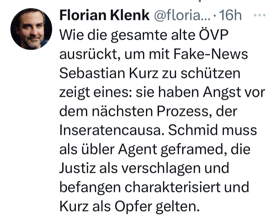 Text von Klenk aus Twitter: Wie die ÖVP ausrückt, um Kurz zu schützen.