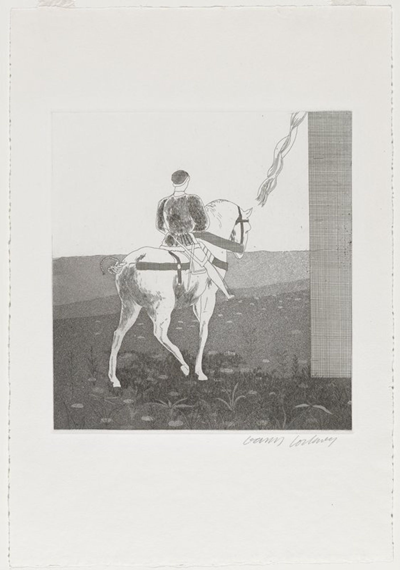 black and white etching; rear view of a man on a white horse in a field; tower or wall along right edge of scene; strands of long hair in URC
A landmark of 20th-century book illustration, David Hockney’s unconventional interpretation of fairy tales selected from the hundreds compiled by the Brothers Grimm (Jakob Ludwig Carl Grimm and Wilhelm Carl Grimm) during the 19th century, considers the supernatural and psychological content of these bizarre stories in visual terms. With a virtuoso handling of linear and tonal intaglio printmaking, Hockney explores the characters’ motivations, values, and temperaments, presenting his own reading of the tales while seeking a greater understanding of human mentality. The illustrations also reference art of the past, a common feature of Hockney’s work, with visual allusions to Uccello, Carpaccio, Leonardo, Brueghel, and René Magritte. As a result, there is a timeless quality to the images that complements the stories’ centuries-old legacy of folklore.