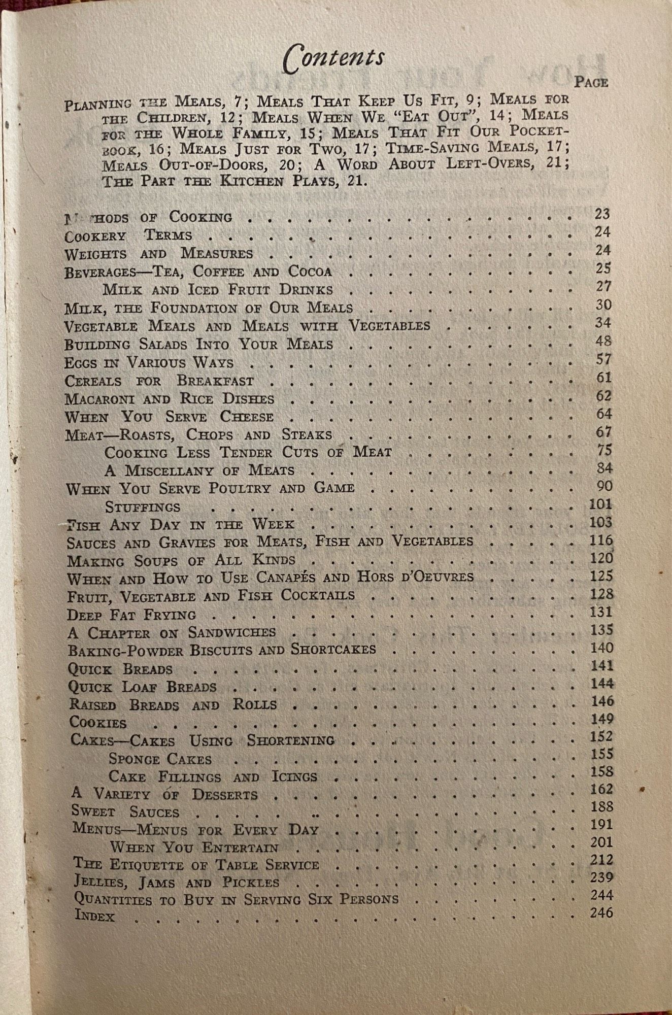 Table of contents from Meals: Tested, Tasted and approved broken out into multiple chapters including one on sandwiches & sauces. There’s even one for Table Etiquette for a formal dinner.