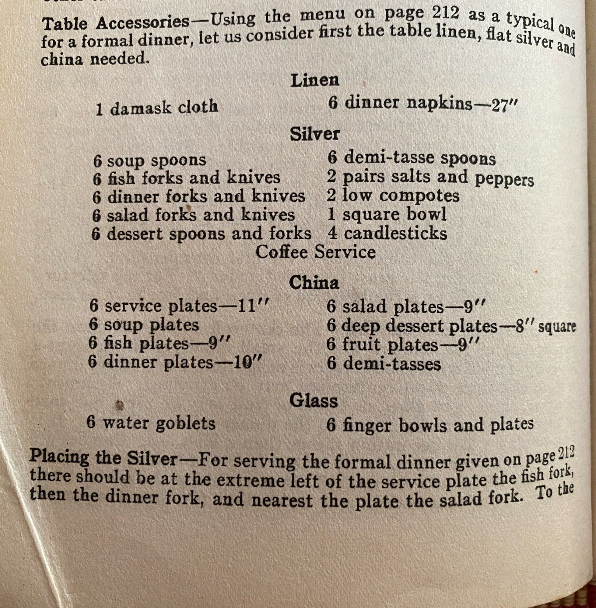 A complete list of necessary table setting items, including linens, silver and china. Don’t forget the finger bowls and Demi-Tass spoons!