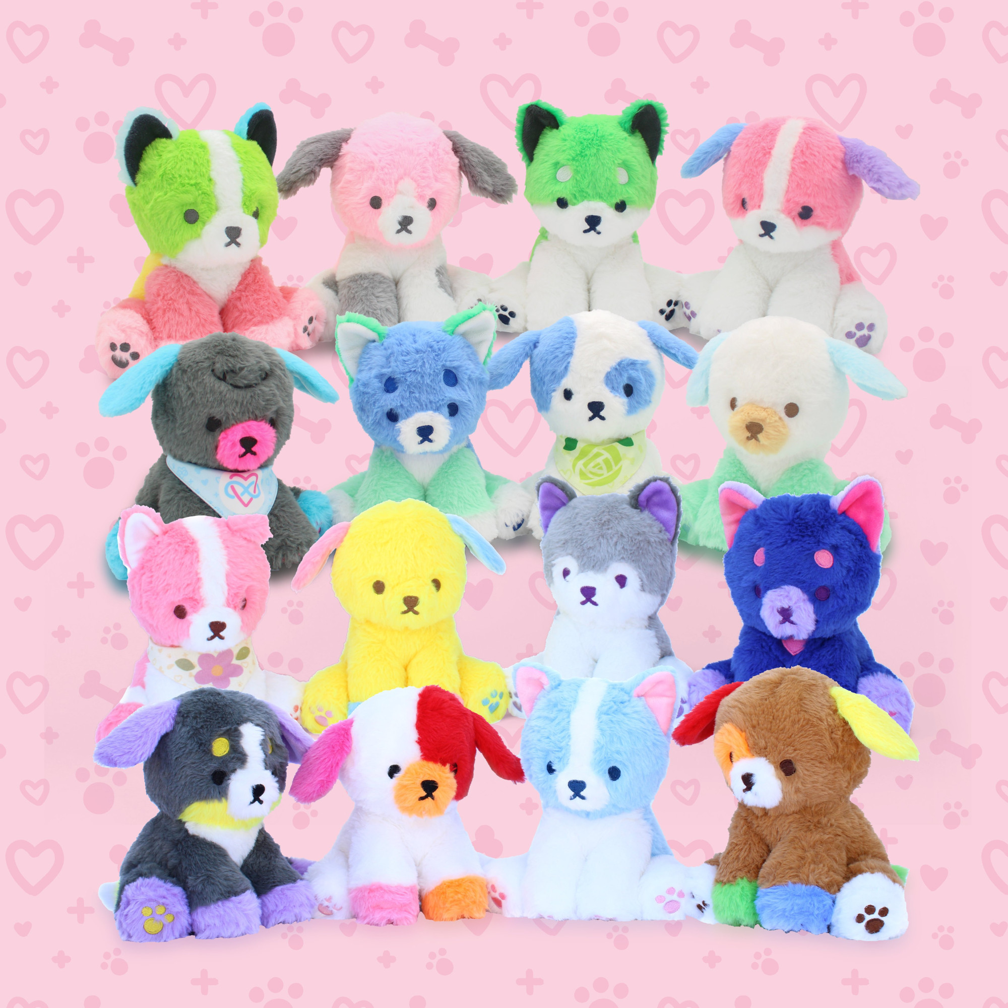 an image of 16 bright and colorful puppy plush themed after various pride flags. They are in rows of four and set against a pink patterned background