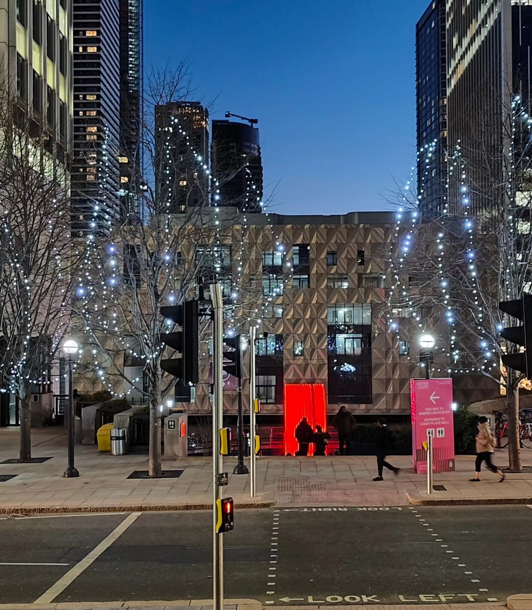 View across road to Cubitt Steps and trees with lights in