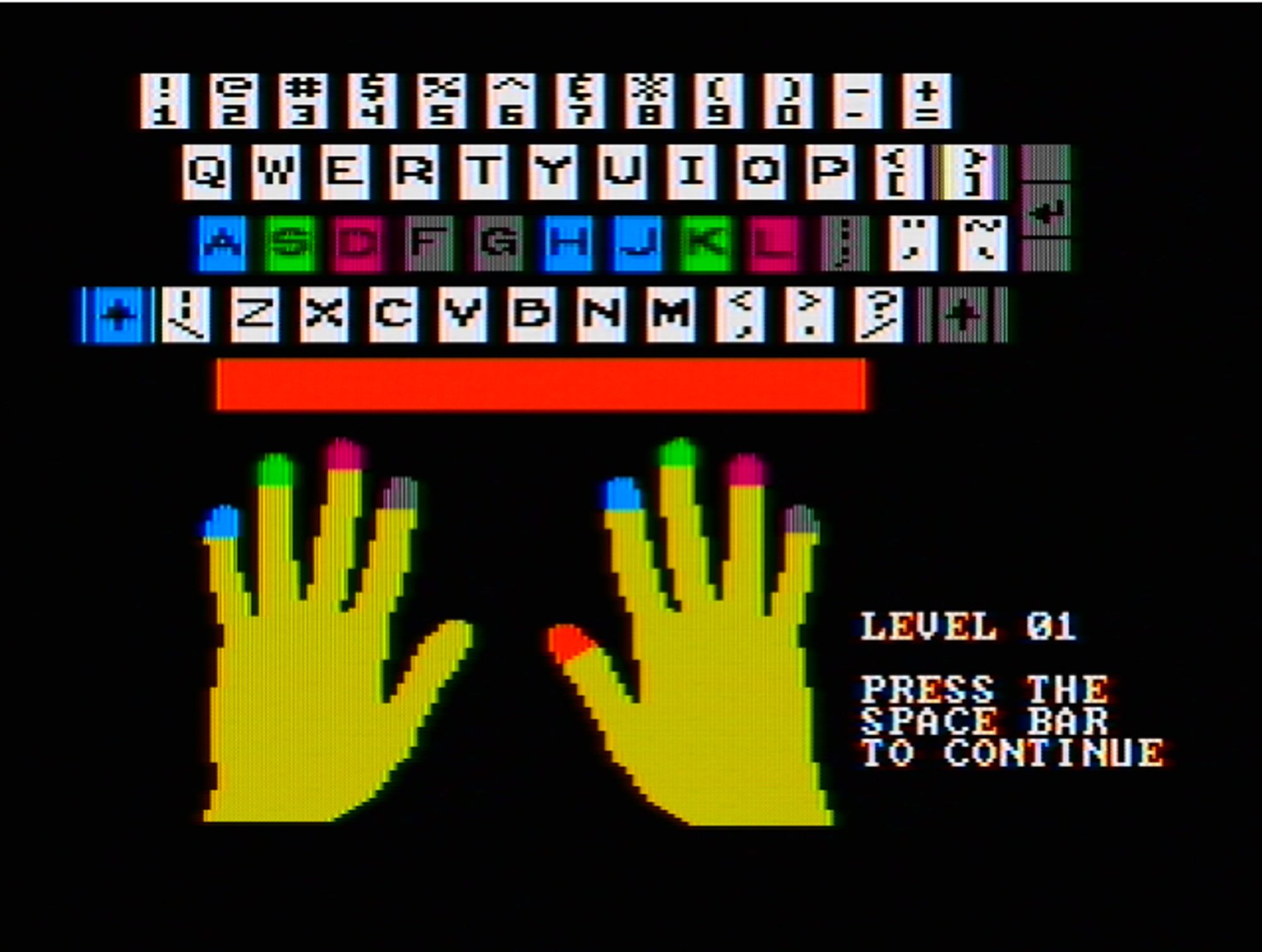 top down view of two hands and a keyboard (just the keys). fingertips are coloured blue, green, purple, grey and the right hand thumb is coloured red. a,s,d,f,g,h,j,k,l, ; and a couple of other keys are colour coded to show which finger is meant to hit which key.
text:
level 01
press space bar to continue