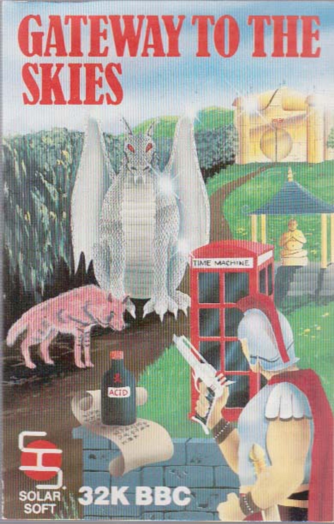 a roman(?) soldier in silver armor is standing behind a stone fence with a pistol/lazer in their hand. on top of the fence is a scroll of paper and a bottle of acid. a path leads toward a wolf and the silver gleaming statue(?) of a dragon with red eyes. beside the path to the right is a red telephone box that is a time machine and a small temple with a buddha statue with stairs and a triangular roof. at the end of the path, in the distance, is a gleaming golden building.