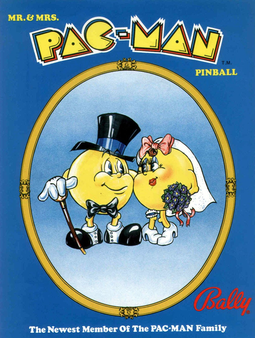 on the left, pac-man in a shiny black top hat with a blue stripe, black bow tie, shiny black and white shoes, holding a cane and on the right, mrs. pac-man in bridal attire, red lipstick, a pink bow tie on the top of her head with white flowing bown behind her head, a bouquet of flowers and white heels. they are looking at each other lovingly.