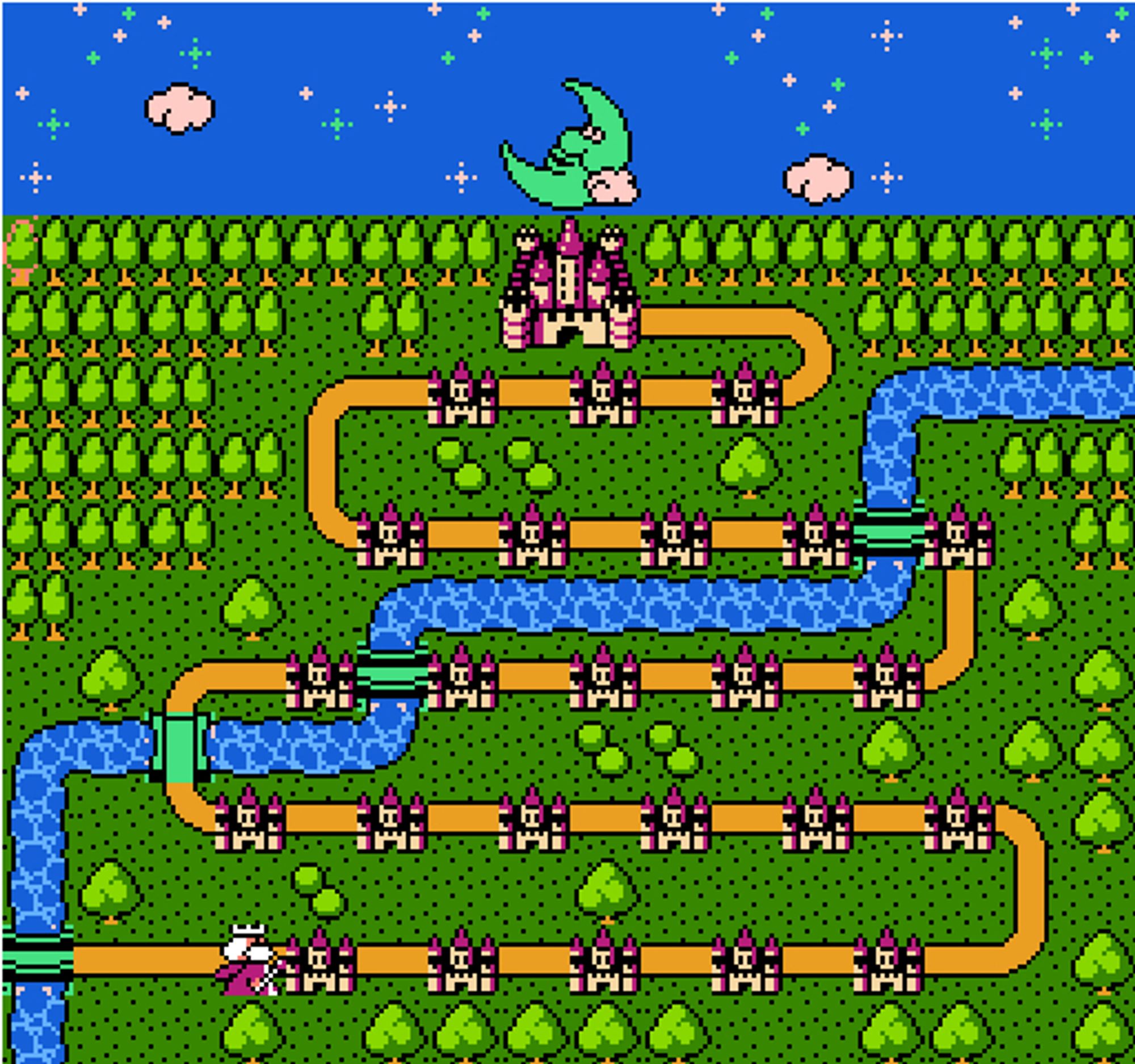 a long winding path through green land, past many castles, bridges over sections of a river that cuts through the land. the path finally leads to a larger castle. many trees populate the land. the night sky, complete w/ a cute moon with a face is above. a purple robed, white haired and bearded man is near the start of the path.