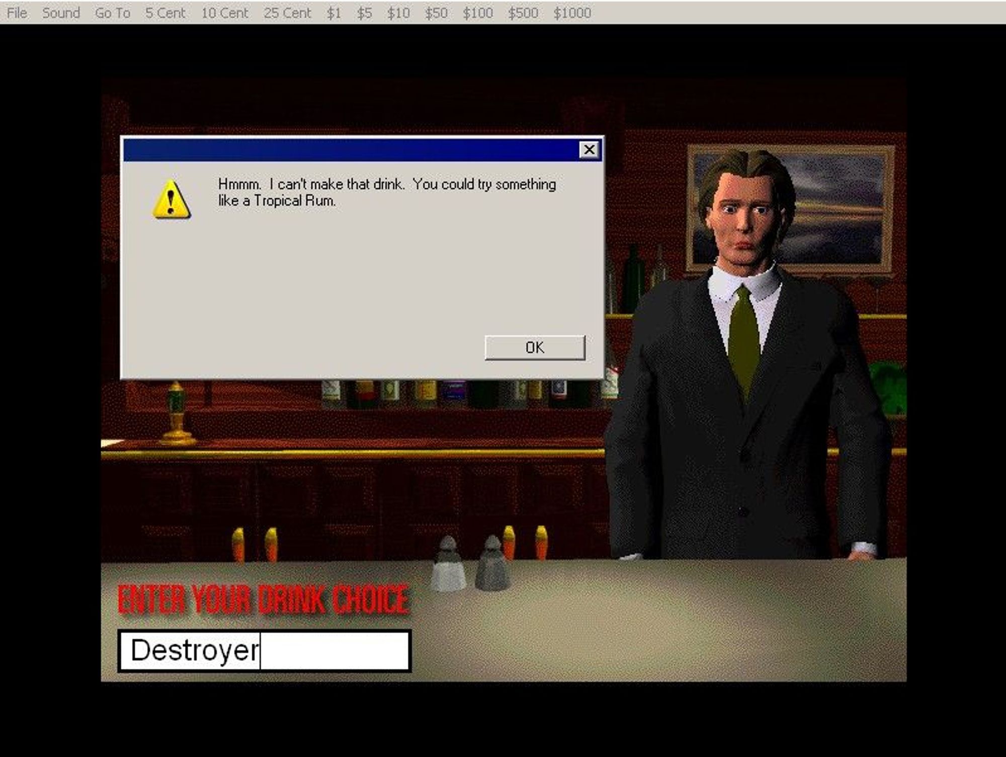 a neatly suited male bartender stands behind a bar. down the bottom of the screen it says in red: enter your drink choice. someone has entered: destroyer. a windows 3.x prompt is displayed showing the bartender's response: hmmm. i can't make that drink. you could try something like a tropical rum.