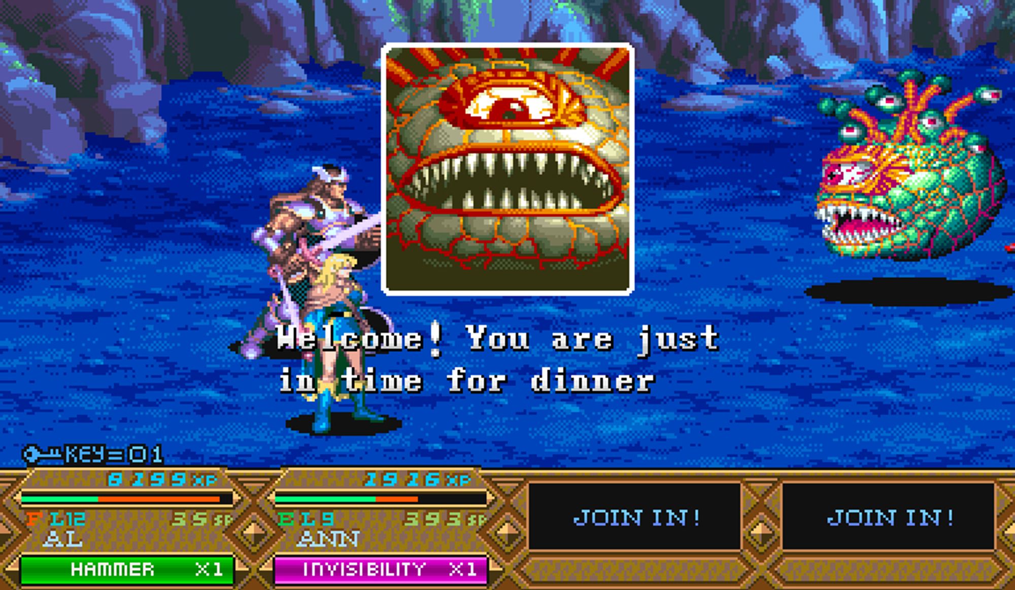 two members of an rpg party (one male, one female, both armed with swords) are facing off against a hideous looking beholder, one large eye, mouth with sharp teeth, many tentacled eyes). the beholder is speaking: welcome! you are just in time for dinner.
the user interface is down the bottom of the screen.