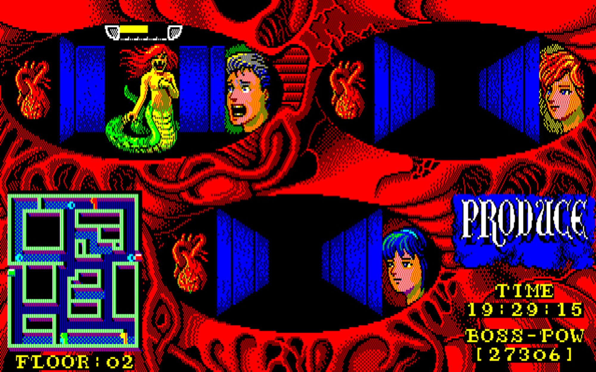 the separate perspectives of three people, two females, one male, in dark corridors. their hearts can be seen at the left side of each perspective and their faces can be seen on the right side. the male is scared by a female fanged 1/2 serpent, 1/2 human creature. a map can be seen in the lower left hand corner of the screen. backdrop is blood, arteries, vessels.