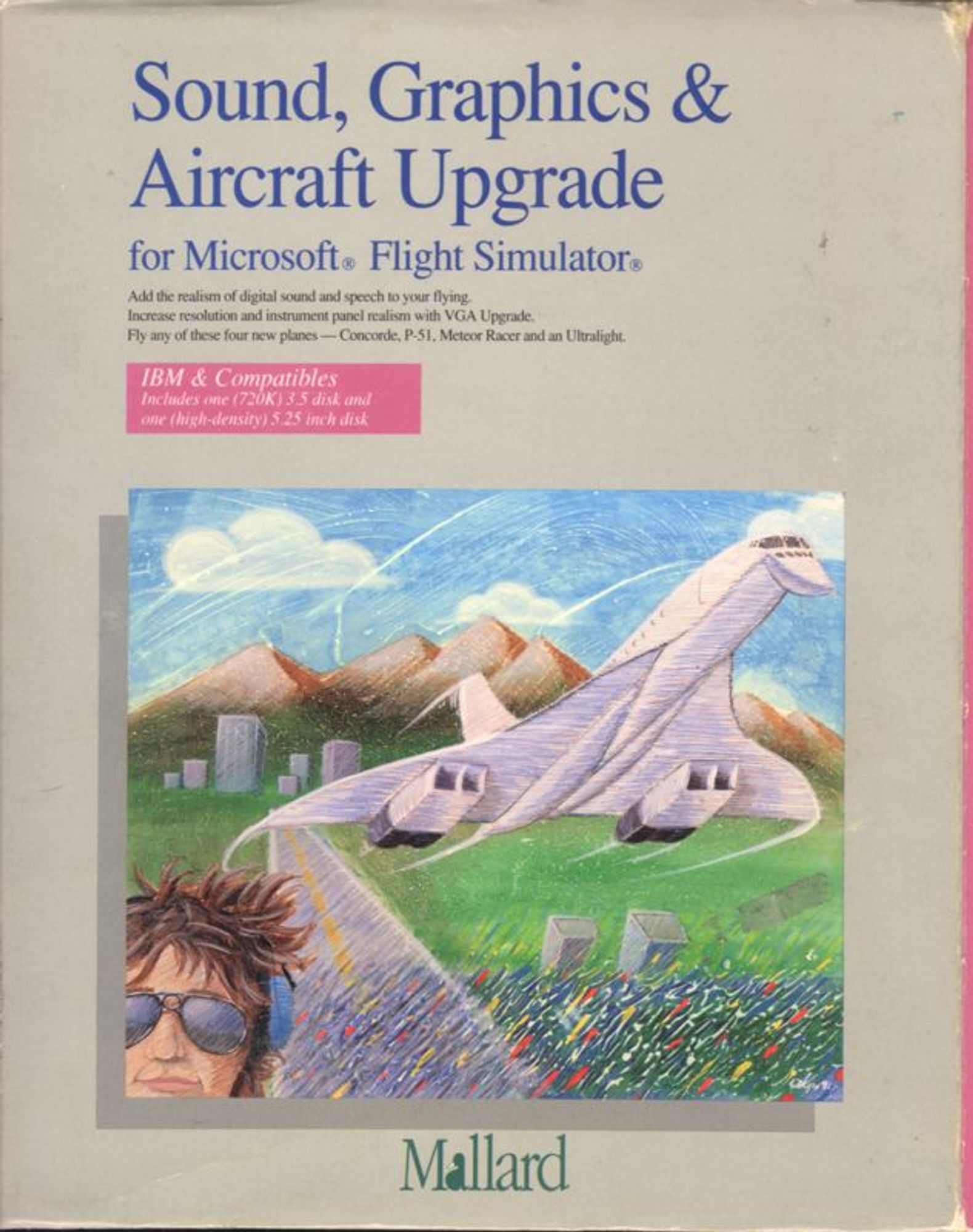 a colourful illustration of a plane taking off. below you can see the runway, grass, buildings in the faint distance and mountains behind them. in the bottom left hand corner is a person with brown wavy hair, wearing shades and earmuffs.