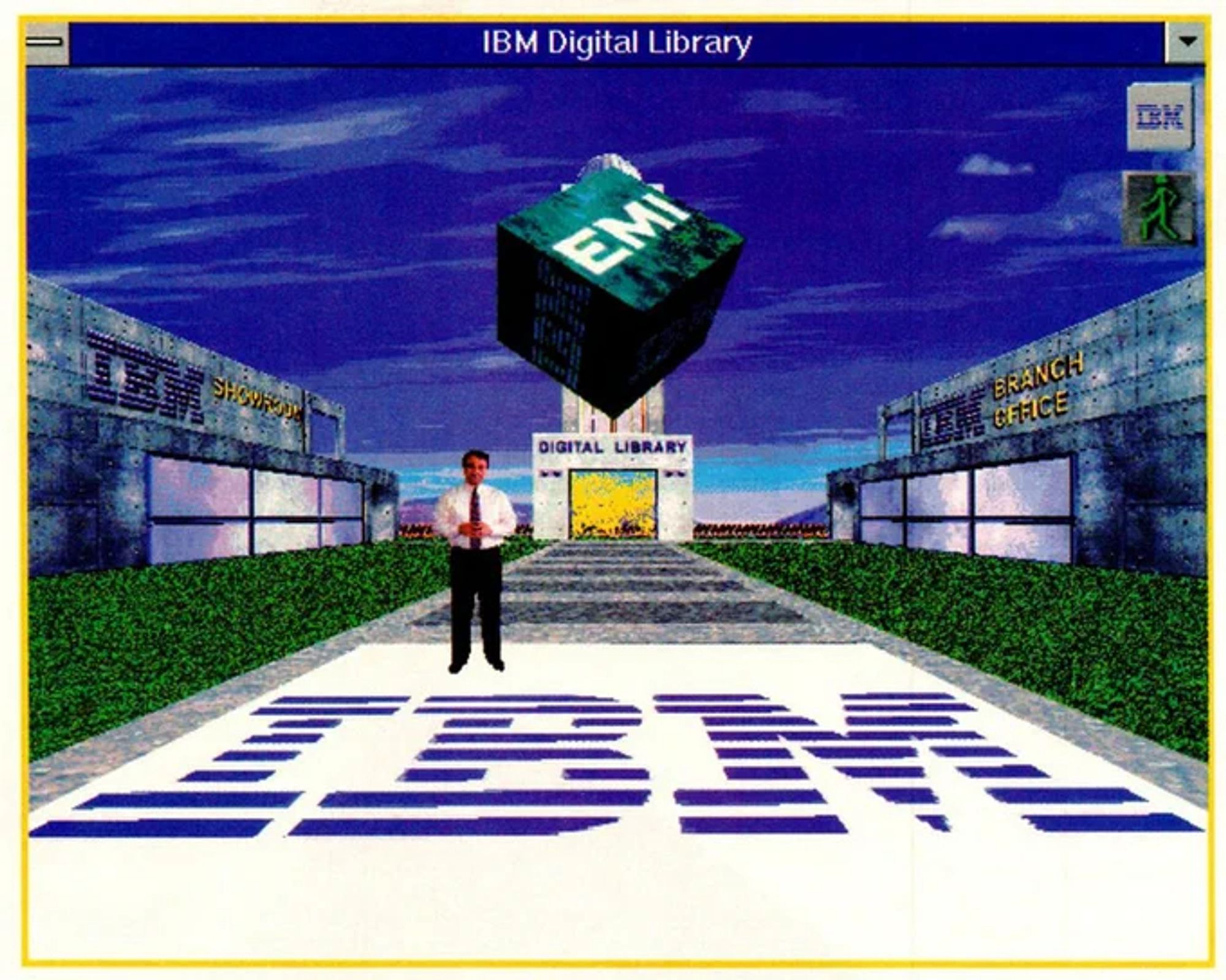 a '90s windows window with the header 'ibm digital library. the graphics in the window are very basic '90s 3d. there is a business man standing on a path with a large ibm logo on it. ibm buildings are to the left and right. the digital library is at the end of the path. there is a floating cube with the letters 'emi' on it. grass is on either side of the path and a blue sky is above.