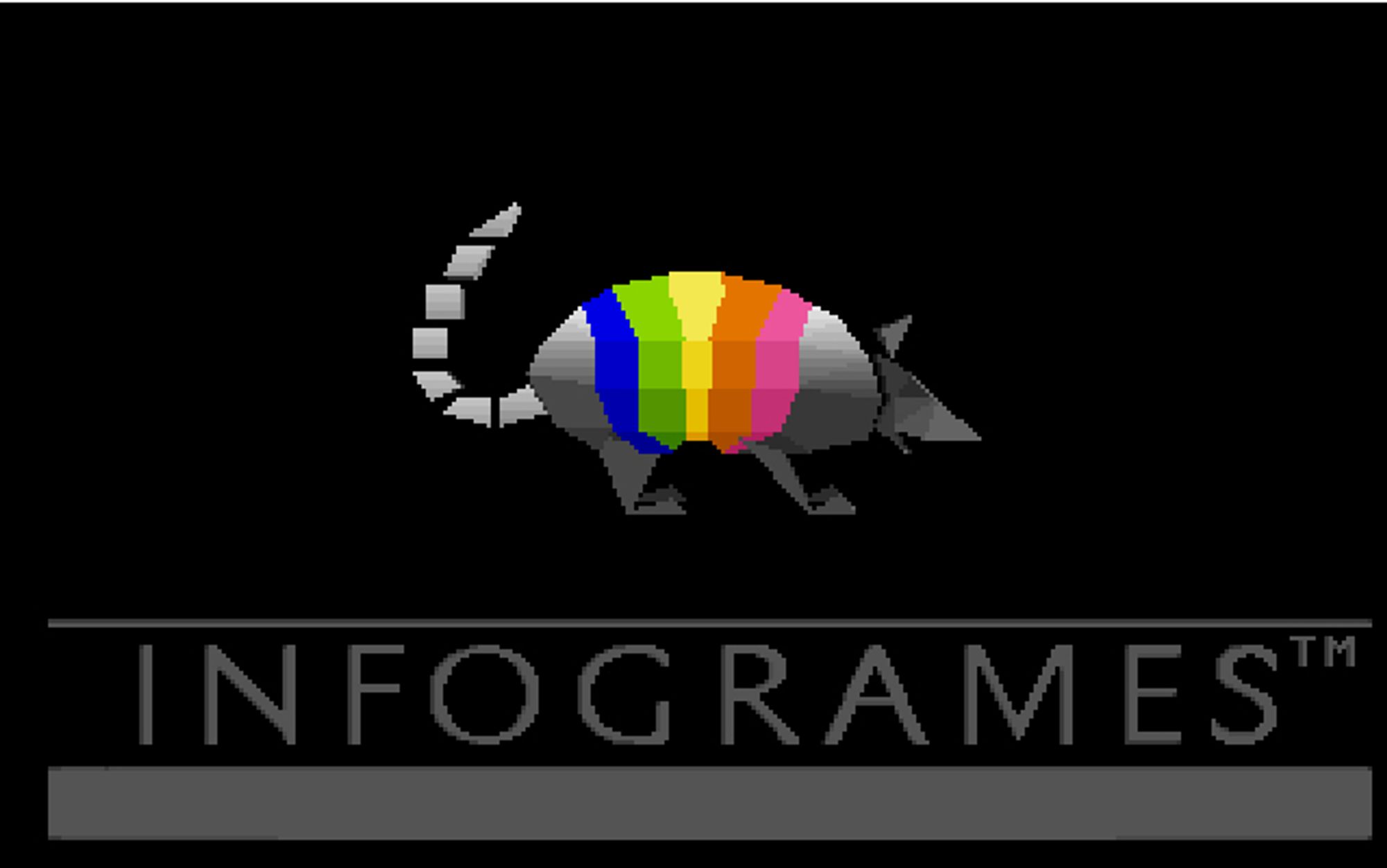 this is the infogrames splash screen for the pc-98 version of alone in the dark. it features a pixelated armadillo with a boney tail curving upwards and a rainbow centre.