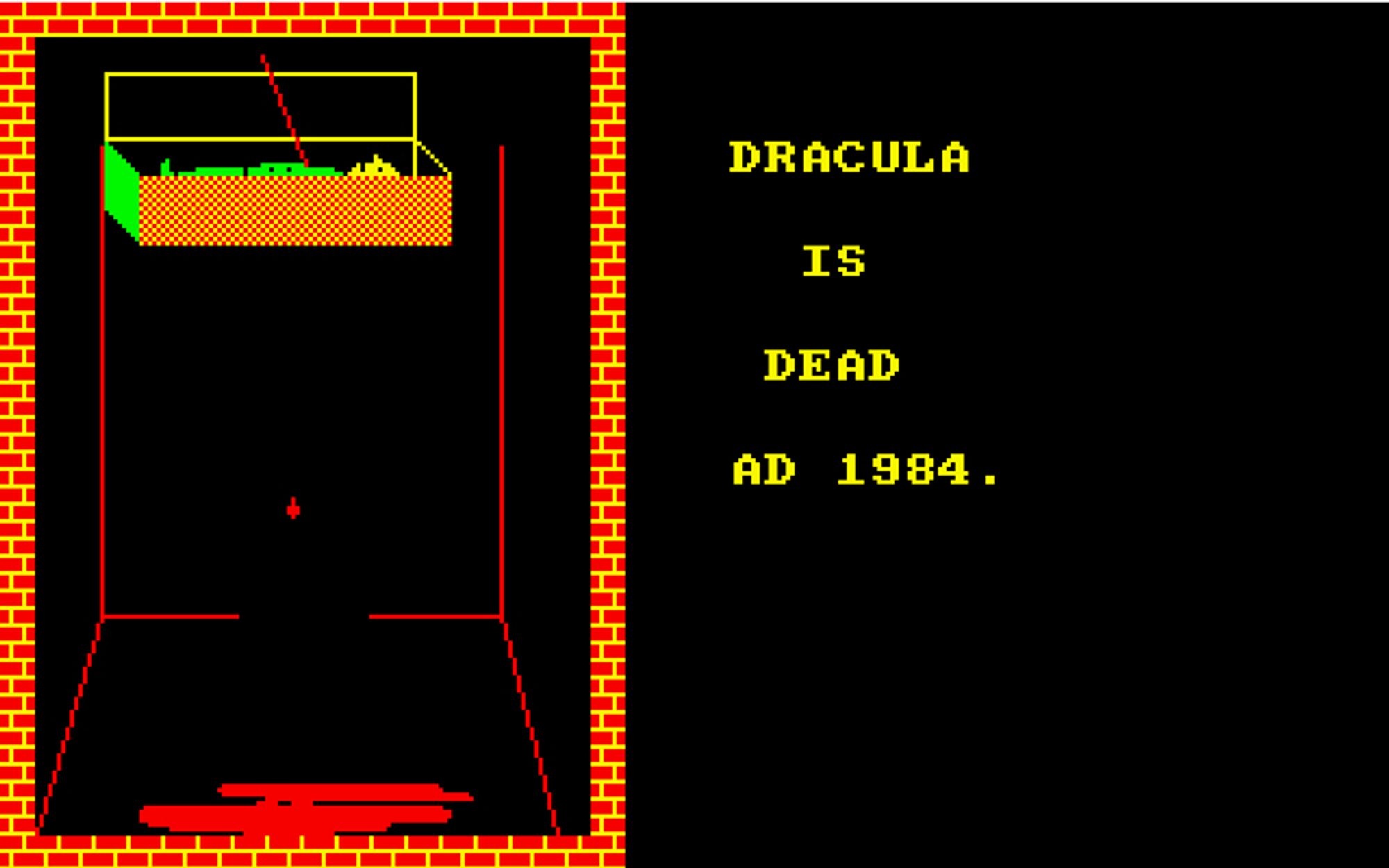 dracula seems to be in a levitated coffin that is dripping a pool of blood on the floor. text to the right: dracula is dead ad 1984.