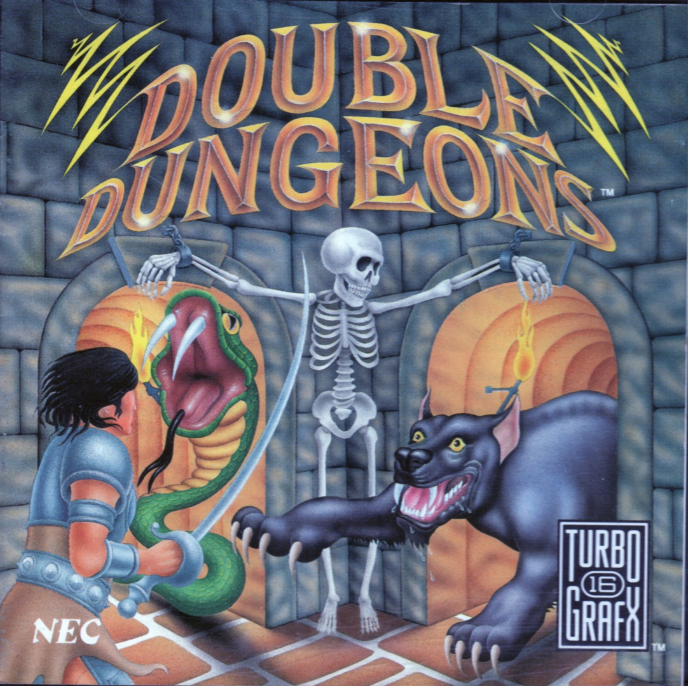 armoured warrior with a very long curved sword is in a dungeon with two doors, torches lighting the passageways up. a large snake is emerging from one door, while a black panther with sharp claws is emerging from the other. in between the two doors in the corner is a shackled grinning skeleton.