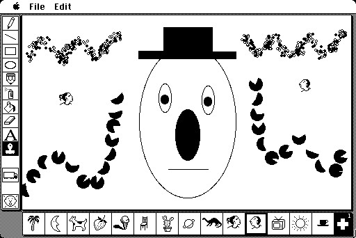 all the way down the left hand side and bottom of the screen is the user interface for a painting program with many icons for drawing lines, circles, rectangles, using a pencil. the icons down the bottom of the screen include a palm tree, a moon, a dog, a strawberry, an ice cream cone, a chair, a planet, a dinosaur, a couple of faces facing in opposite directions, a tv set, a sun, a tea cup. the drawing inside the drawing space is a large oval face with a large oval black nose, two eyes and a straight line for a mouth. the face is wearing a black hat. on each side of the face is a wavey pattern of black pac man shapes. there are also waves of black and white dots up the top on either side of its hat. there is one small face imprinted (from the bottom icons) on either side of the face.