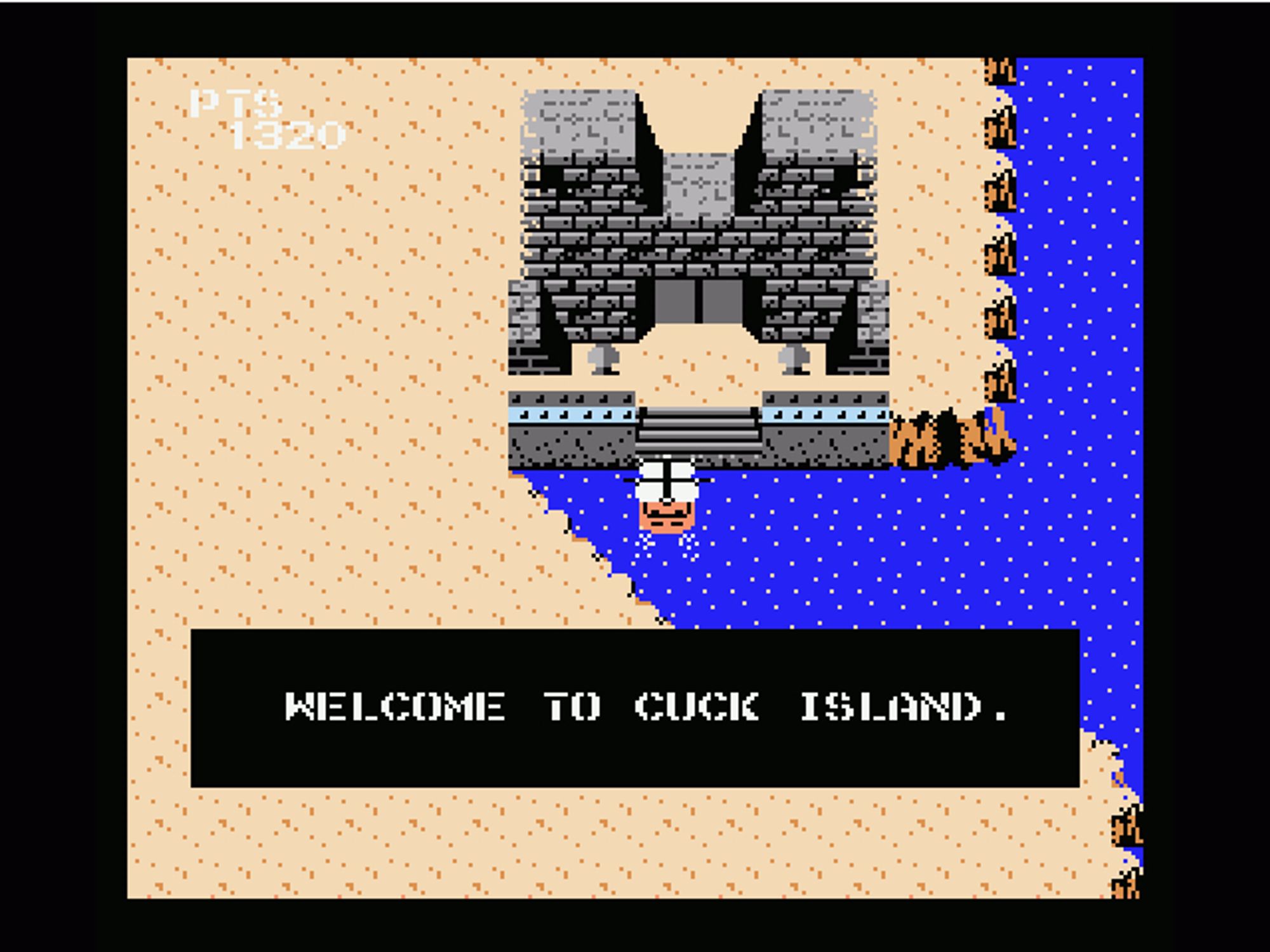 protagonist walking in the water, towards the entrance of a grey bricked castle-like structure. the rest of the terrain is sand. text box says: welcome to cuck island.