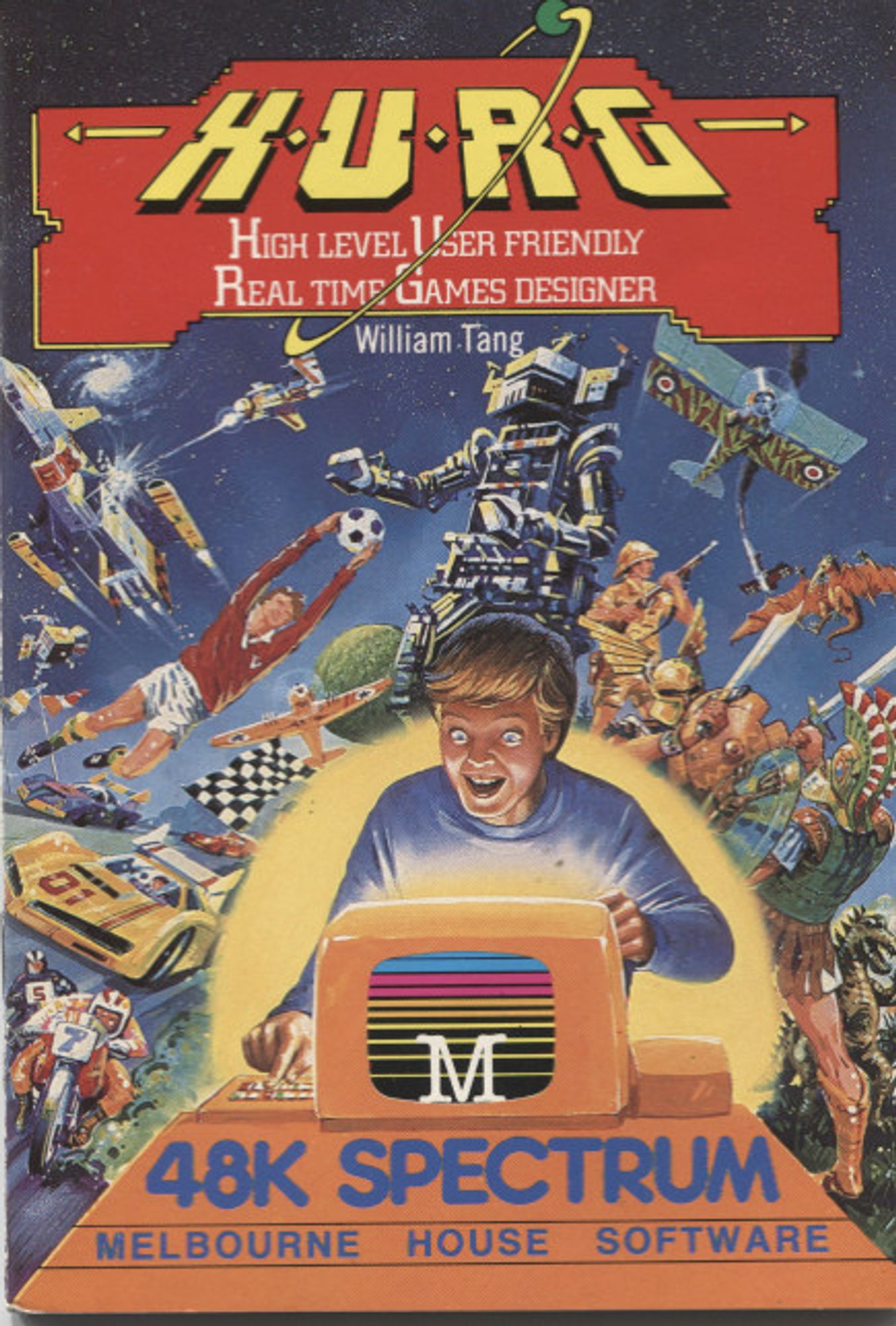 a boy sitting or standing in front of a glowing screen, his eyes wide, one hand on the top corner of the screen, the other on the keyboard. behind him, a world of game design possibilities: robots, planes, racing cars, soccer players, space craft, motorcycle racers, warriors and soldiers from past eras.