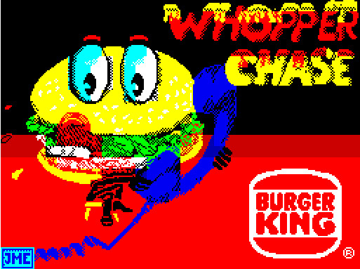 a hamburger with eyes (and a tongue?) in on the phone, sweating. the 'whopper' in the title font is red, drenched with mustard, while the 'chase is yellow, drenched with sauce. a large burger king logo is down the bottom right hand corner of the screen.